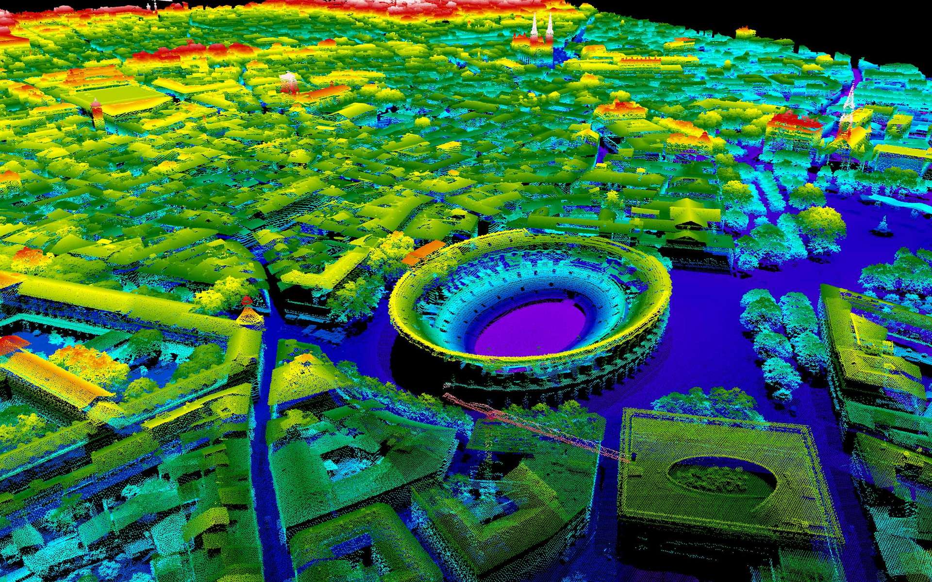 Visualisation en 3D des arènes de Nîmes grâce au nuage de points collectés grâce au Lidar. © IGN