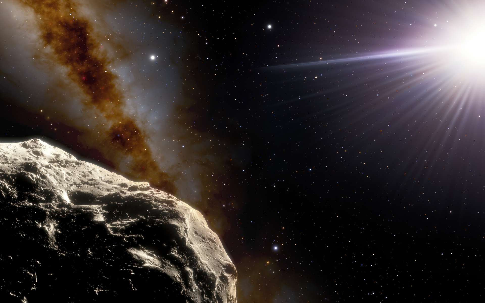 À l'aide du télescope SOAR (Southern Astrophysical Research) de 4,1 mètres sur le Cerro Pachón au Chili, les astronomes ont confirmé qu'un astéroïde découvert en 2020 par l'enquête Pan-STARRS1, appelé 2020 XL5, est bien un troyen. Dans cette illustration, l'astéroïde est représenté au premier plan en bas à gauche. Les deux points brillants au-dessus à l'extrême gauche sont la Terre (à droite) et la Lune (à gauche). Le Soleil apparaît à droite. © NOIRLab, NSF, AURA, J. Da Silva