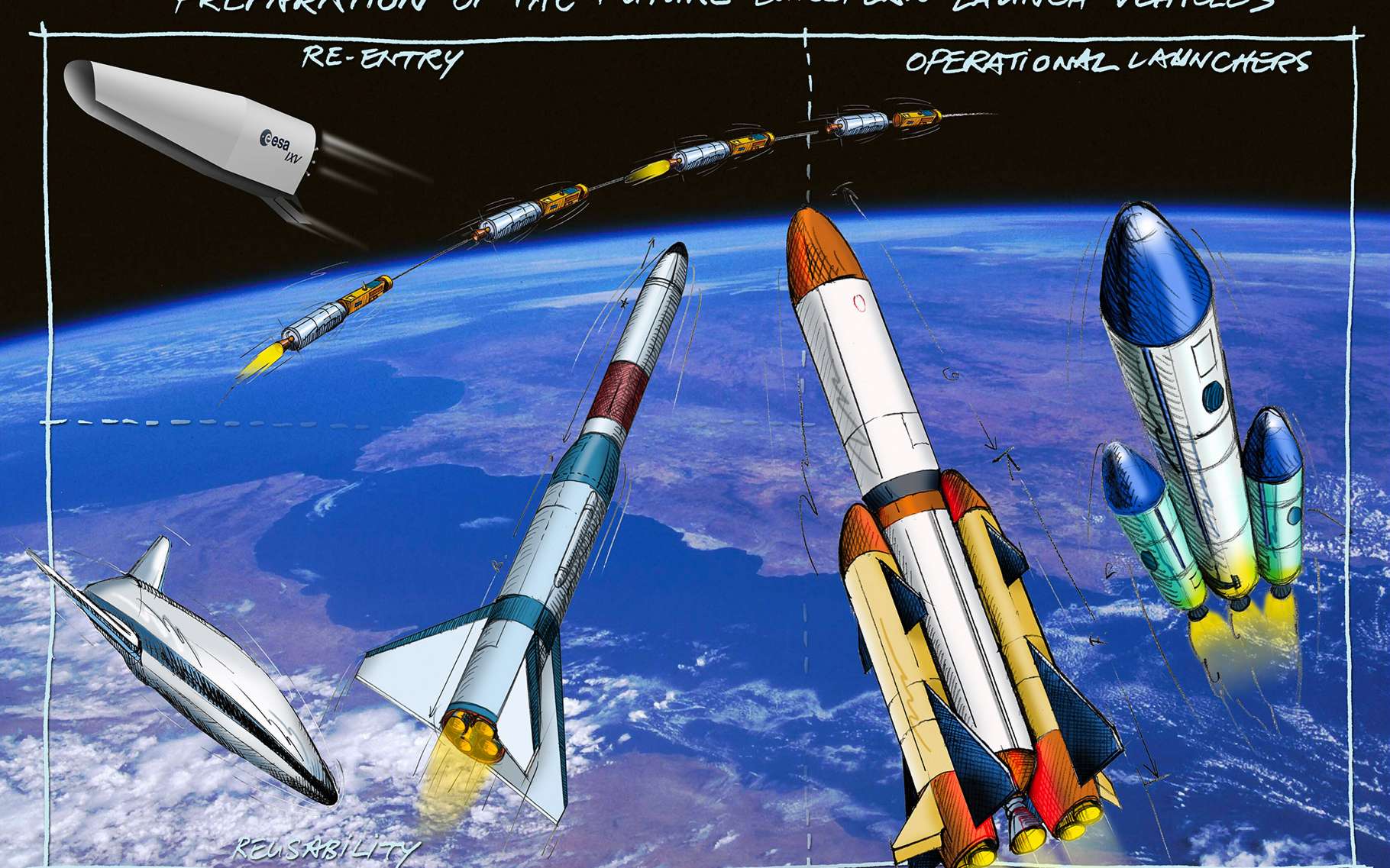 Quelques concepts de lanceurs du futur imaginés par les bureaux d'études de l'ESA, du Cnes et du DLR. © ESA, C. Vijoux