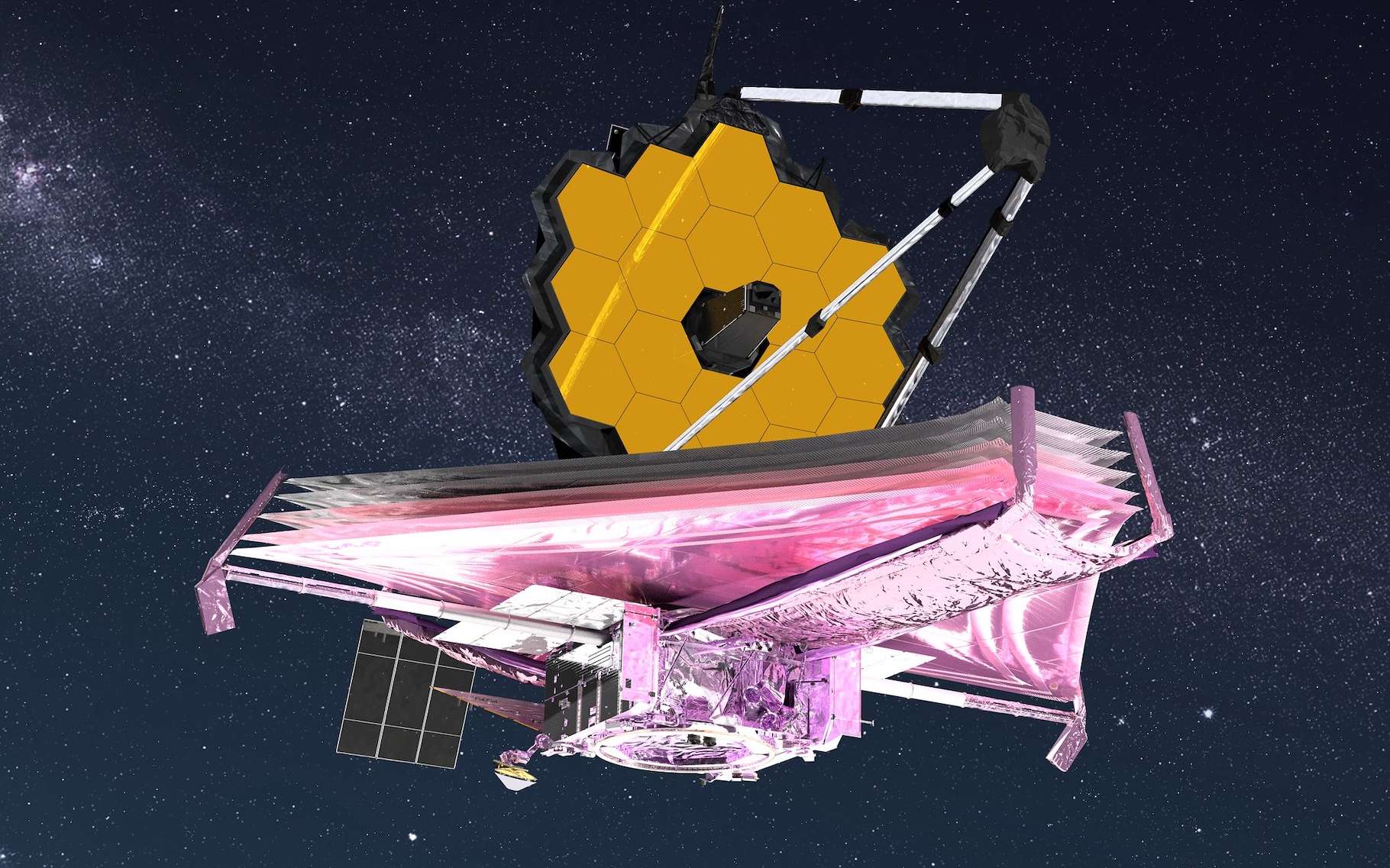 Dans l’espace, le télescope spatial James Webb (JWST) — ici en vue d’artiste — est exposé aux impacts de micrométéorites. © Adriana Manrique Gutierrez, Nasa GSFC, CIL, Flickr, CC by-2.0
