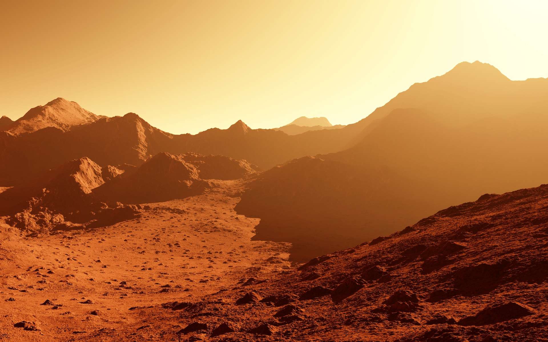 Paysage martien au lever du Soleil (illustration). © Shawn Hempel, Adobe Stock
