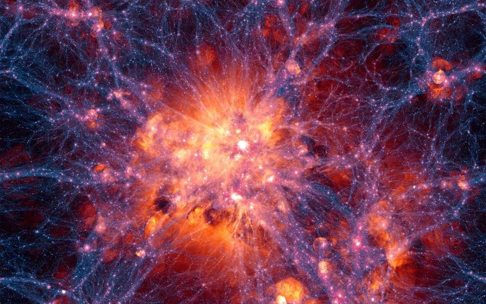 Projection à grande échelle centrée sur l’amas de galaxies le plus massif dans la simulation Illustris. Elle montre la distribution de la matière noire en filaments (bleu, violet et pourpre), laquelle interagit gravitationnellement avec la matière ordinaire et favorise la formation des amas de galaxies. Les enveloppes de gaz teintées de rouge, rose ou orange sont principalement créées par l’explosion de supernovae ou les jets des trous noirs supermassifs. © Illustris Collaboration