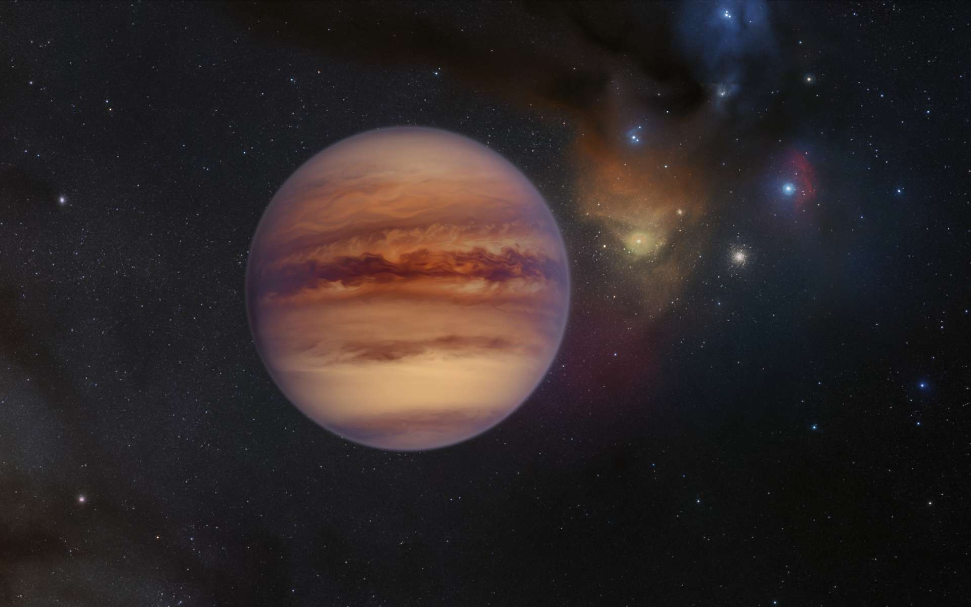 Illustration d'une planète errante gazeuse découverte dans Ophiuchus. À l'arrière-plan, la région de Rho Ophiuchi. © ESO, M. Kornmesser