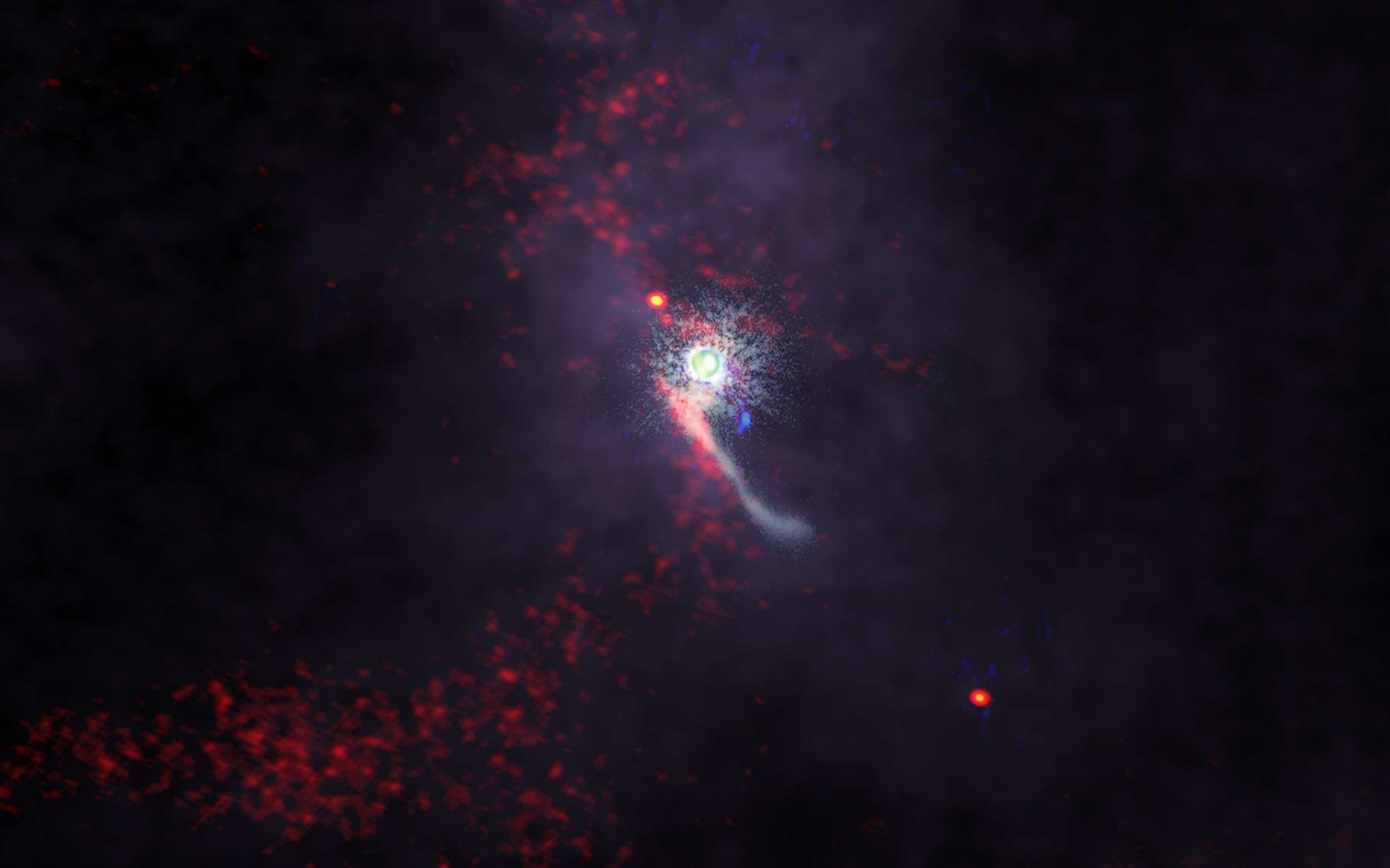 Pour la première fois, des chercheurs ont étudié à différentes longueurs d’onde, le passage d’un « intrus » dans un système stellaire et les perturbations qu’il a provoquées dans son disque protoplanétiare. © Alma (ESO/NAOJ/NRAO), S. Dagnello (NRAO/AUI/NSF), NAOJ