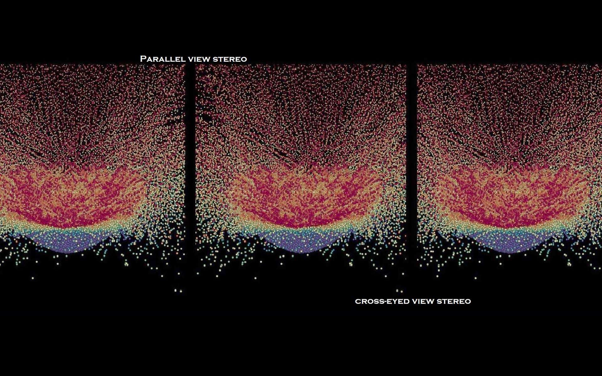 Paire stéréo par Brian May d’une simulation numérique de destruction d’un astéroïde effectuée par P. Michel et al. (2020, Nature Communication). Les couleurs représentent le niveau d’échauffement des particules dues à l’impact du rouge (plus chaud) au bleu (plus froid). Les deux images de gauche peuvent être vues en 3D en vision parallèle (en regardant à l’infini au milieu des deux images). Les deux images de droites peuvent être vues en 3D en regard croisé. © P. Michel, B. May et al. – 2020, Nature Communication