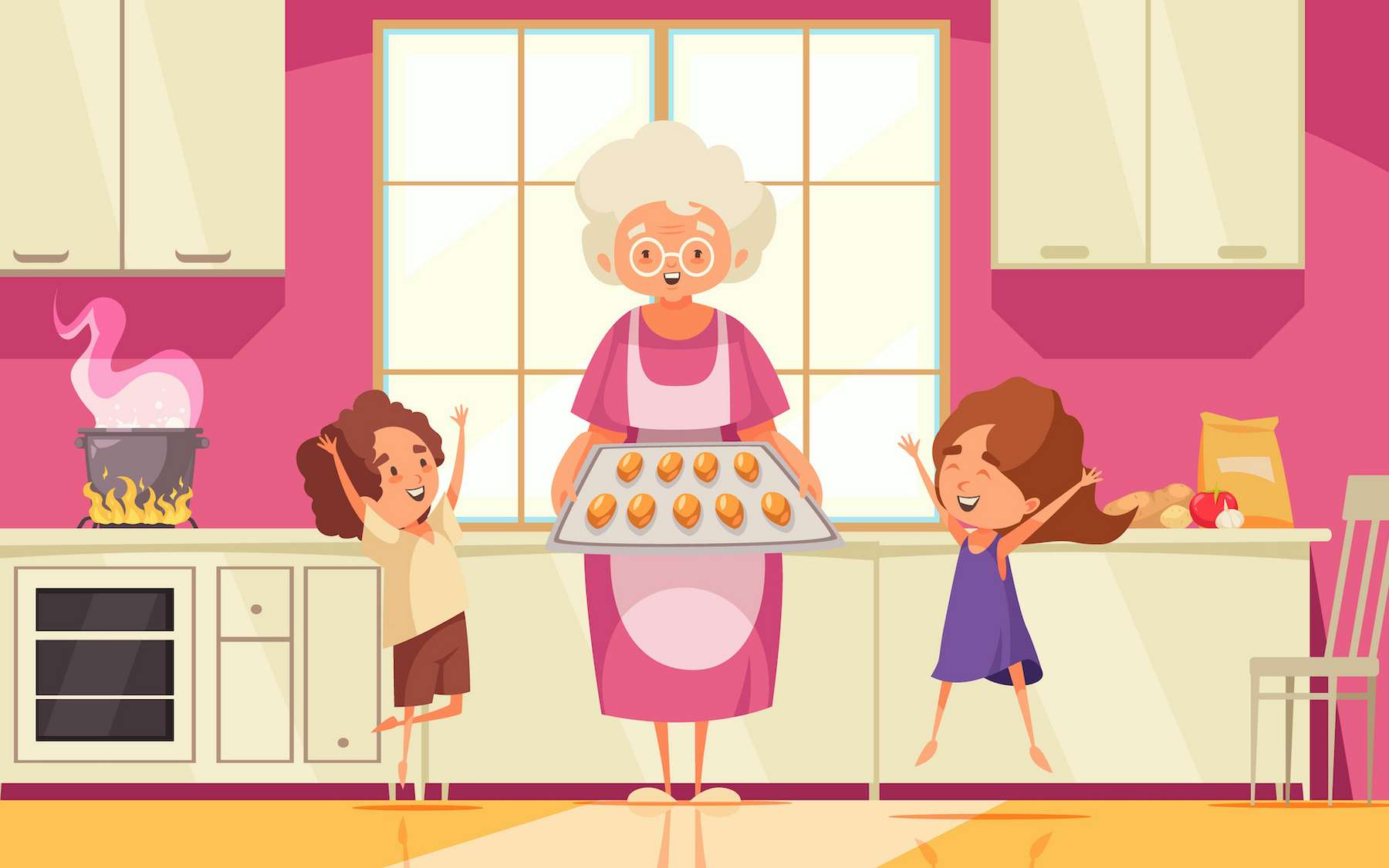 Les grands-mères procurent une aide aux mères qui disposent donc de plus d’énergie pour la reproduction. © macrovector, Adobe Stock