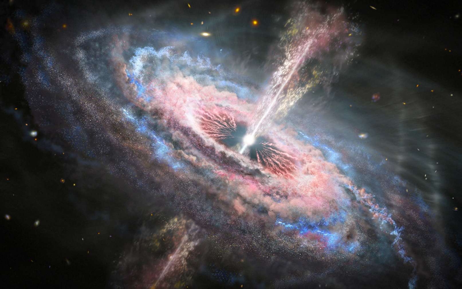 Ceci est une illustration d'une galaxie éloignée avec un quasar actif en son centre. Un quasar émet des quantités d'énergie exceptionnellement importantes générées par un trou noir supermassif alimenté par l'accrétion de matière. © Nasa, ESA et J. Olmsted (STScI)