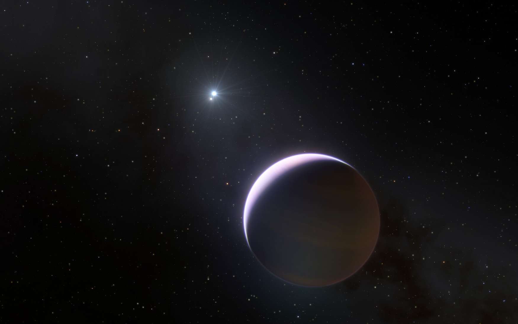 Cette vue d'artiste montre un gros plan de la planète b Centauri b qui est en orbite autour d'un système binaire dont la masse est au moins six fois supérieure à celle du Soleil. © ESO/L. Calçada