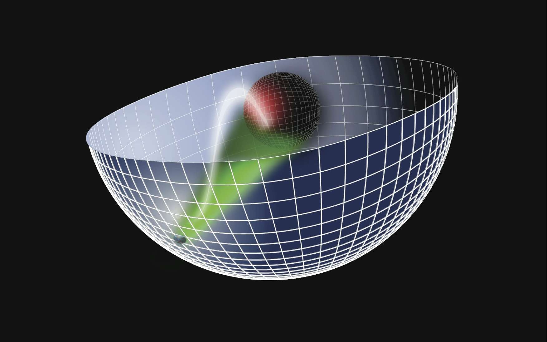 Représentation d'artiste de la conjecture de Maldacena, encore appelée correspondance AdS/CFT. Elle relie la théorie des cordes dans un espace-temps anti-de Sitter à cinq dimensions (plus cinq autres dimensions spatiales supplémentaires compactifiées, par exemple sous forme de sphère) possédant une frontière spatiale plate. Un trou noir dans cet espace-temps anti-de Sitter (la sphère rouge au centre du schéma) est en correspondance avec une sorte de gaz de quarks-gluons existant dans un espace-temps plat sur cette frontière (les trois quarks sur la surface du schéma). Ce qui se passe dans un espace-temps courbe en cinq dimensions décrit par la théorie des cordes serait équivalent à ce qui se déroule dans un espace-temps plat à quatre dimensions contenant des champs de Yang-Mills analogues à ceux de la chromodynamique quantique. On retrouve l'idée d'hologramme avec un objet physique en d dimensions, que l'on peut en réalité décrire comme un objet à d-1 dimensions. © Stan Brodsky