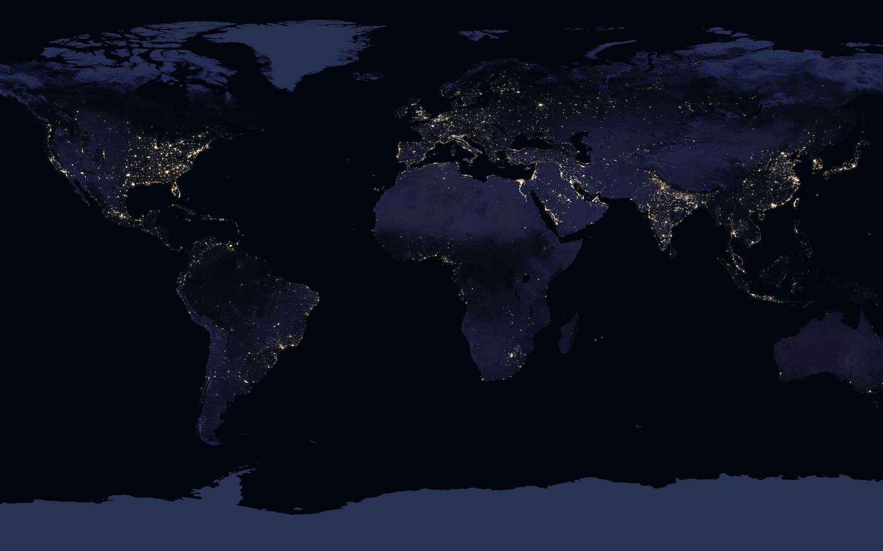 Cette image de la Nasa montre l’aspect de notre Terre, la nuit. Les images utilisées pour construire cette représentation datent de 2016. © Nasa Earth Observatory