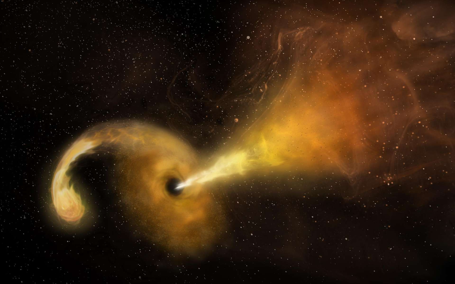Illustration d'un TDE qui s’est produit dans la galaxie NGC 3690. Le trou noir supermassif a déchiqueté une étoile. Environ la moitié de sa matière s’est enroulée autour de l’horizon du trou noir et l’autre moitié est expulsée par les pôles. © Nrao, AUI, NSF, Nasa