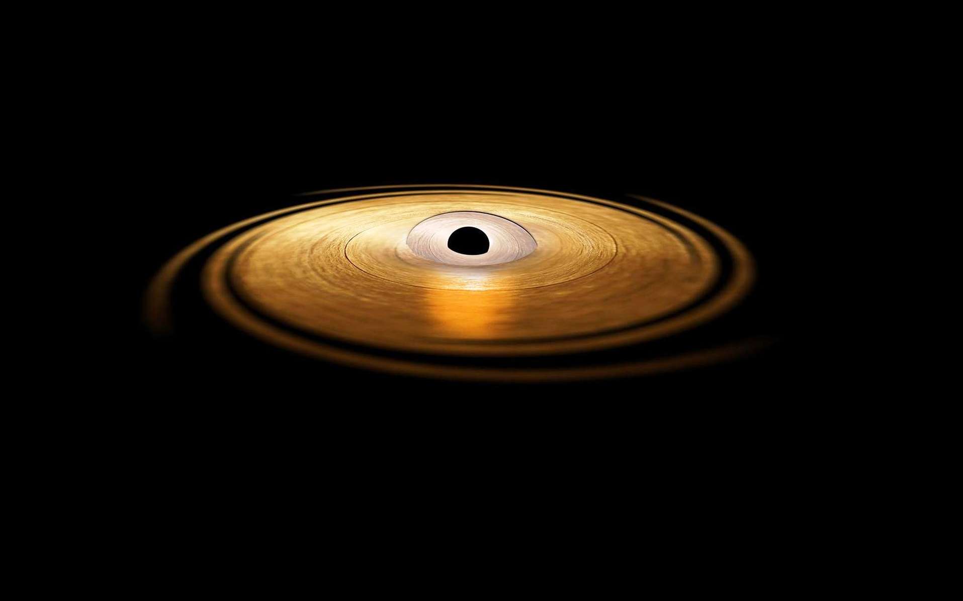 Vue d'artiste du phénomène de précession du disque d'accrétion interne produit par l'effet Lense-Thirring autour du trou noir stellaire H1743−322. © Esa, ATG Medialab