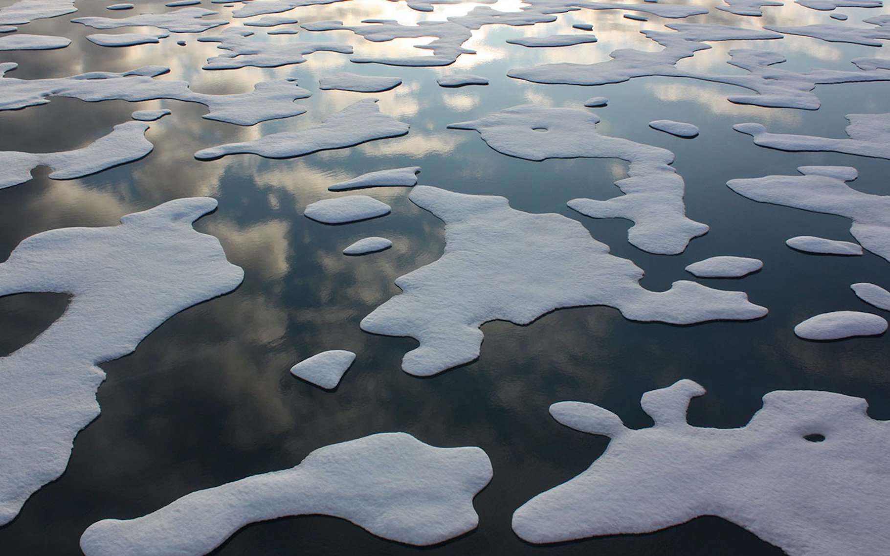 En 2011, une mission de la Nasa, « Impacts du climat sur les écosystèmes et la chimie de l’environnement du Pacifique arctique », a photographié les glaces de mer arctiques, notamment du côté du gyre de Beaufort. Un système de circulation qui selon des chercheurs de la Nasa (États-Unis) est aujourd’hui perturbé par la fonte des glaces. © Kathryn Hansen, Nasa