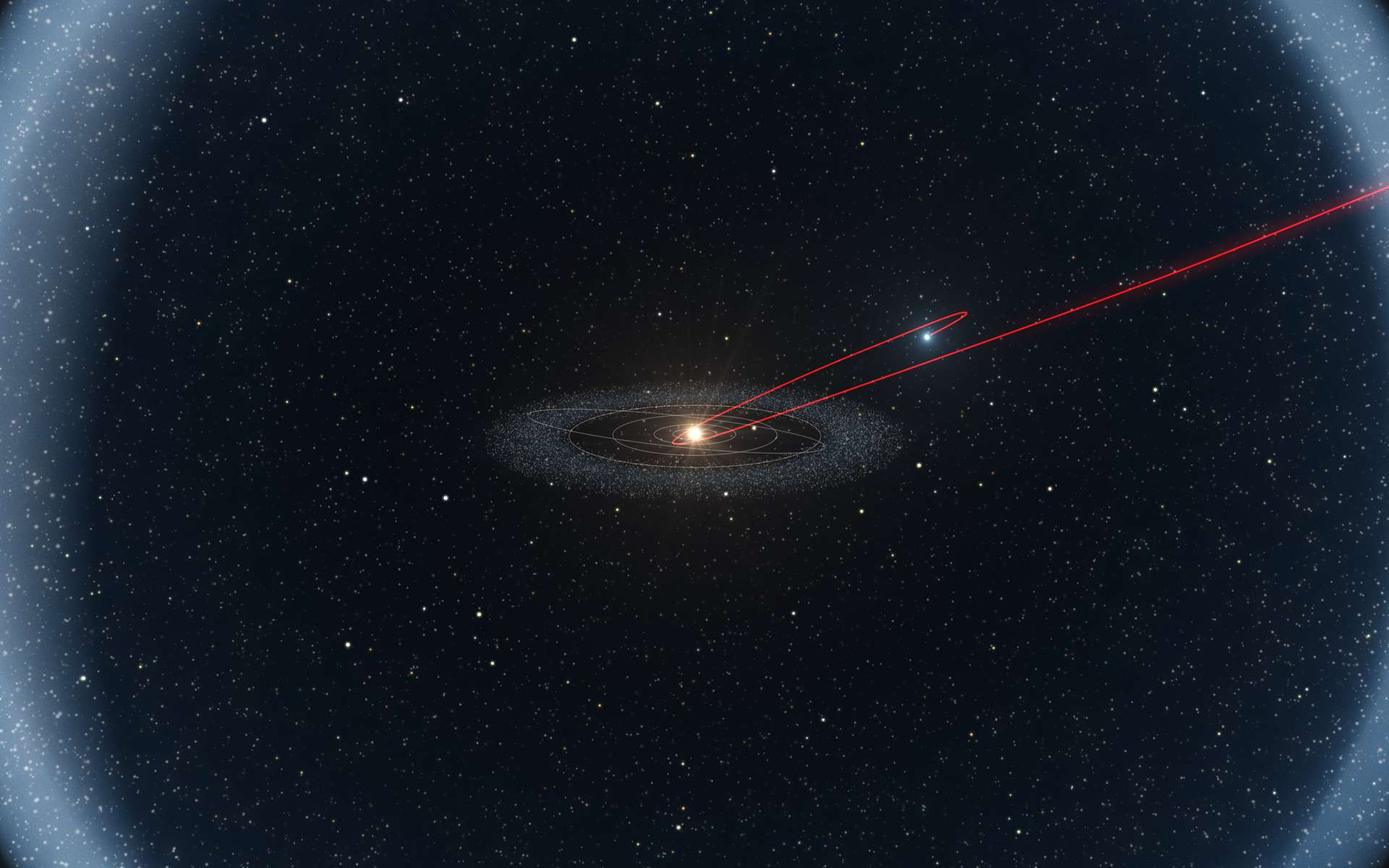 Des observations effectuées au moyen du Très Grand Télescope de l'ESO et du Télescope Canada France Hawaï, indiquent que C/2014 S3 (PANSTARRS) est un objet doté d'une orbite cométaire à longue période, qui présente les caractéristiques d'un astéroïde primitif du Système Solaire interne. Ce diagramme montre l’histoire probable de cet objet à la fois dans le système solaire interne et externe sur une période de quatre milliards d’années. La majorité de ce temps ayant été passée à la périphérie froide, dans le nuage d’Oort. © ESO/L. Calçada