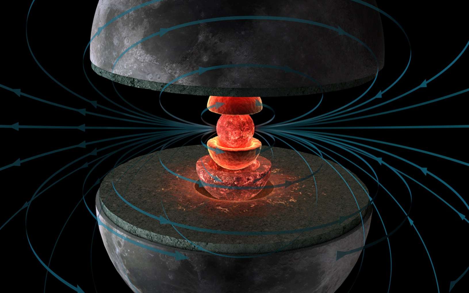 Une vision d'artiste de l'intérieur de la Lune alors que son cœur liquide était encore en mouvement, générant un champ magnétique. © Hernán Cañellas