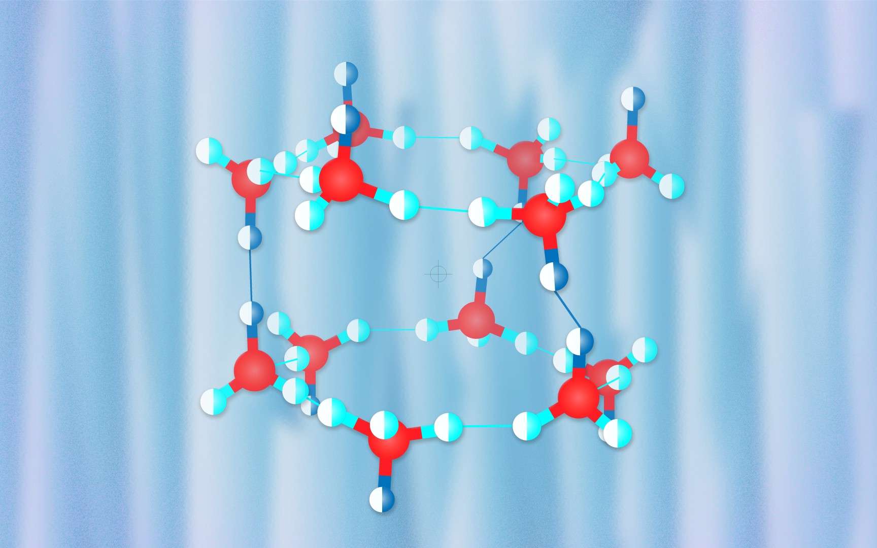 Une représentation d'artiste d'un clathrate d'hydrogène. Les molécules d'eau H2O sont représentées avec l'atome d'oxygène en rouge. L'oxygène est lié par liaison hydrogène avec les atomes des molécules H2 en bleu foncé. © Pavel Odinev, Skoltech