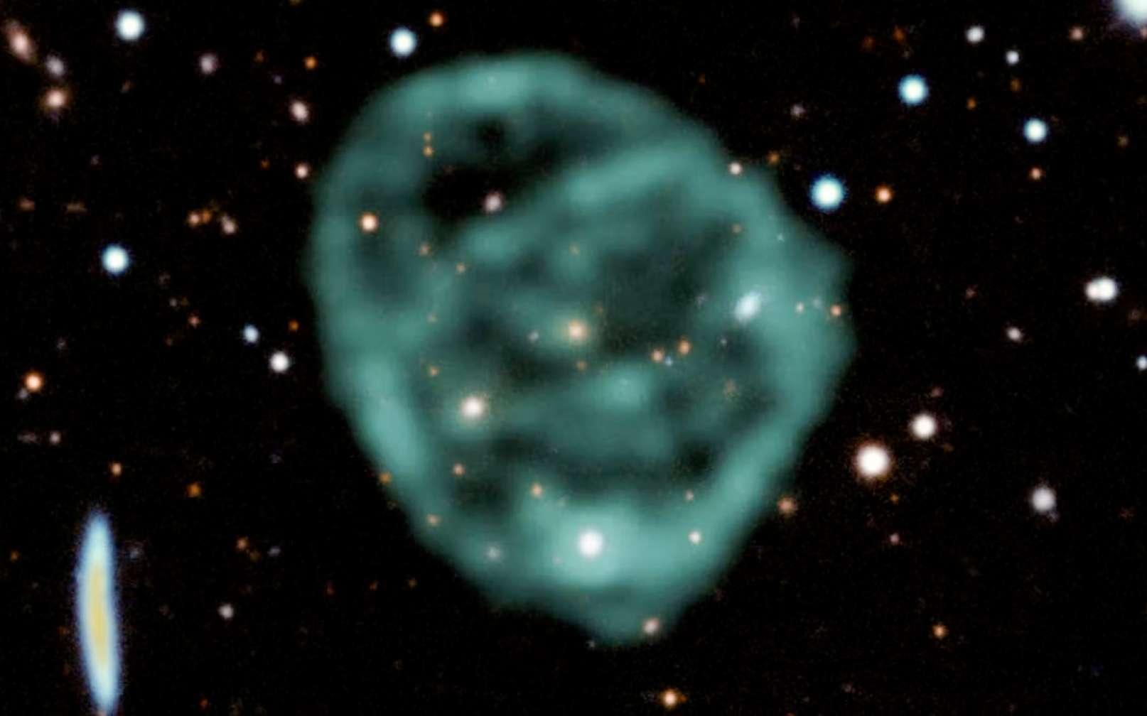 Les données du radiotélescope MeerKAT de SARAO (en vert) montrant un cercle radio superposées aux données dans le visible et le proche infrarouge du Dark Energy Survey permettent de former cette image en fausses couleurs. © J. English (U. Manitoba), EMU, MeerKAT, DES(CTIO)