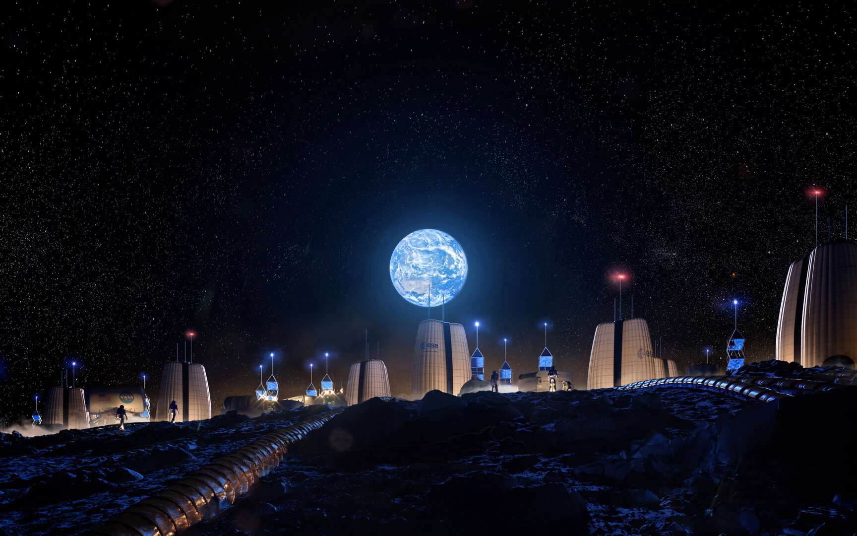 Concept-art du Moon Village, élaboré par l'agence d'architecture SOM, destiné à accueillir des colons lunaires au cours des prochaines décennies. © ESA, SOM