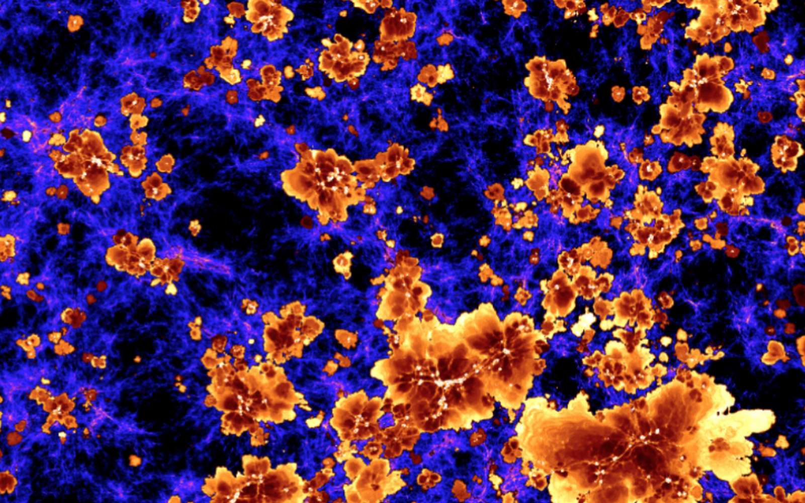 Un extrait de la simulation Thesan montrant la progression de l'ionisation (jaune à rouge) dans l'hydrogène neutre intergalactique (bleu). © Thesan Collaboration