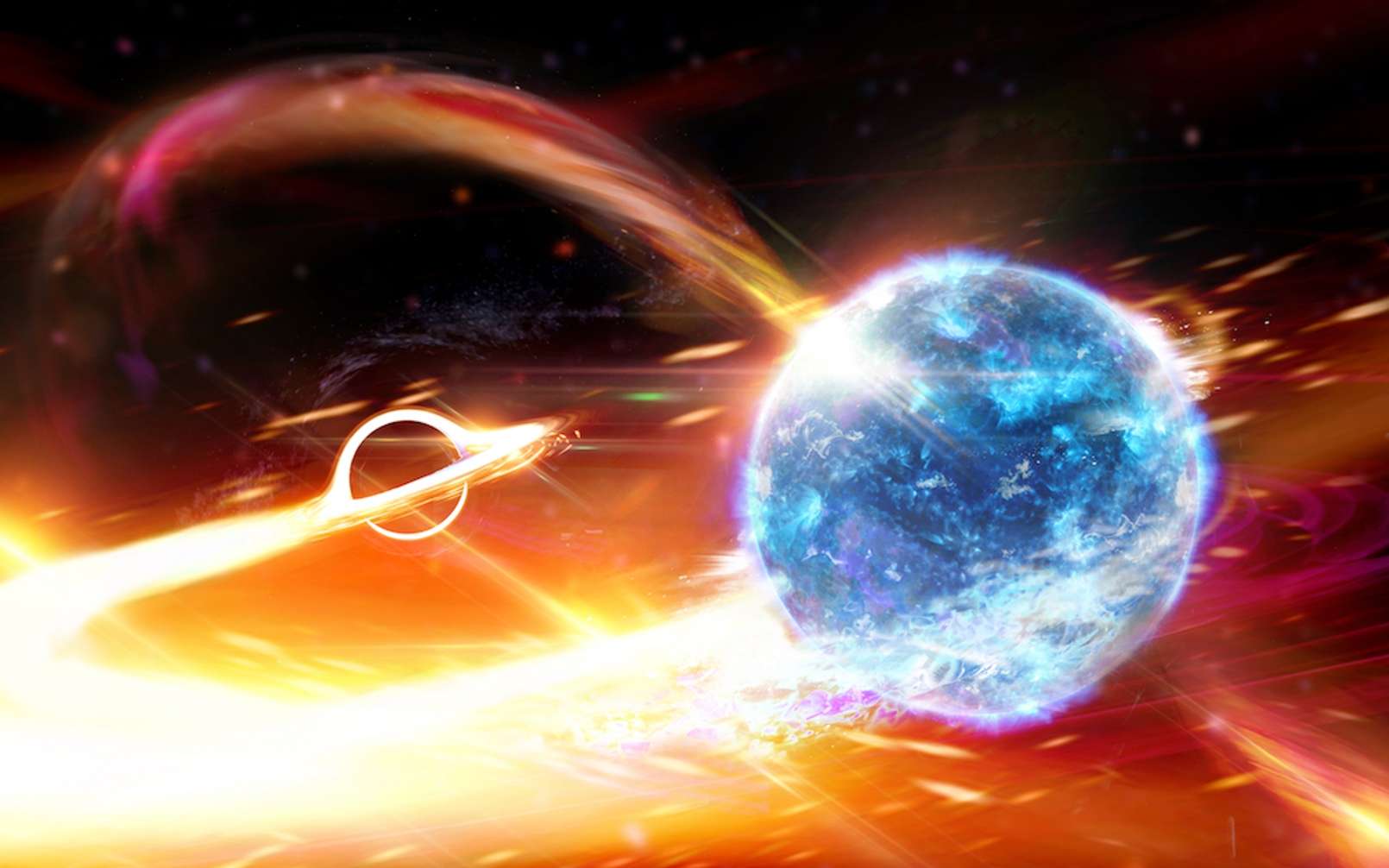 Cette image d'artiste montre une étoile à neutrons (au premier plan) en orbite autour d'un plus grand trou noir (arrière-plan). Ce dernier est plus éloigné et semble plus petit de ce point de vue, et on voit les effets de lentille gravitationnelle qu'il exerce sur la matière accrétée à partir de l'étoile à neutrons. On ne sait pas si le compagnon du trou noir dans GW190814 est une étoile à neutrons ou un trou noir de faible masse. © Carl Knox (OzGrav)