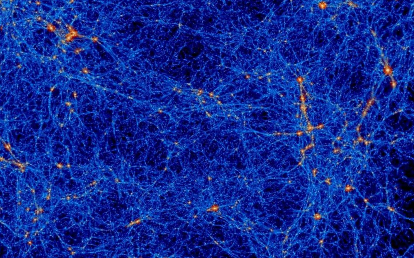 Formation des premières structures aux débuts de l'Univers. Cette simulation numérique montre la formation des grandes structures par l'effet de la gravité dans un cube d'univers de 150 millions d'années-lumière de côté. L'intensité lumineuse mesure la densité et la couleur, la température croissante du gaz (du bleu au rouge). Chaque point brillant est une galaxie en formation. Au croisement des filaments de matière, se développent les grands amas de galaxies. © Film 3D - Horizon Simulations at MareNostrum 2010, CEA