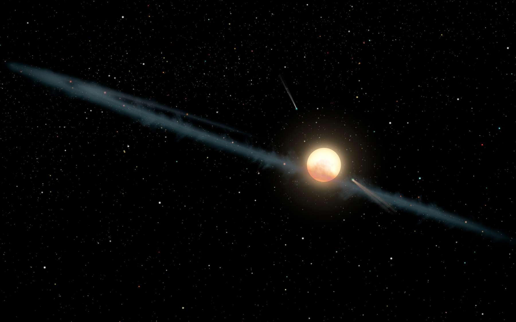 Une nouvelle étude suggère que les morceaux d’une exolune pourraient être en train de s’accumuler dans un disque entourant l’étoile de Tabby, bloquant ainsi la lumière de l’étoile et la faisant disparaître progressivement. © Nasa/JPL-Caltech
