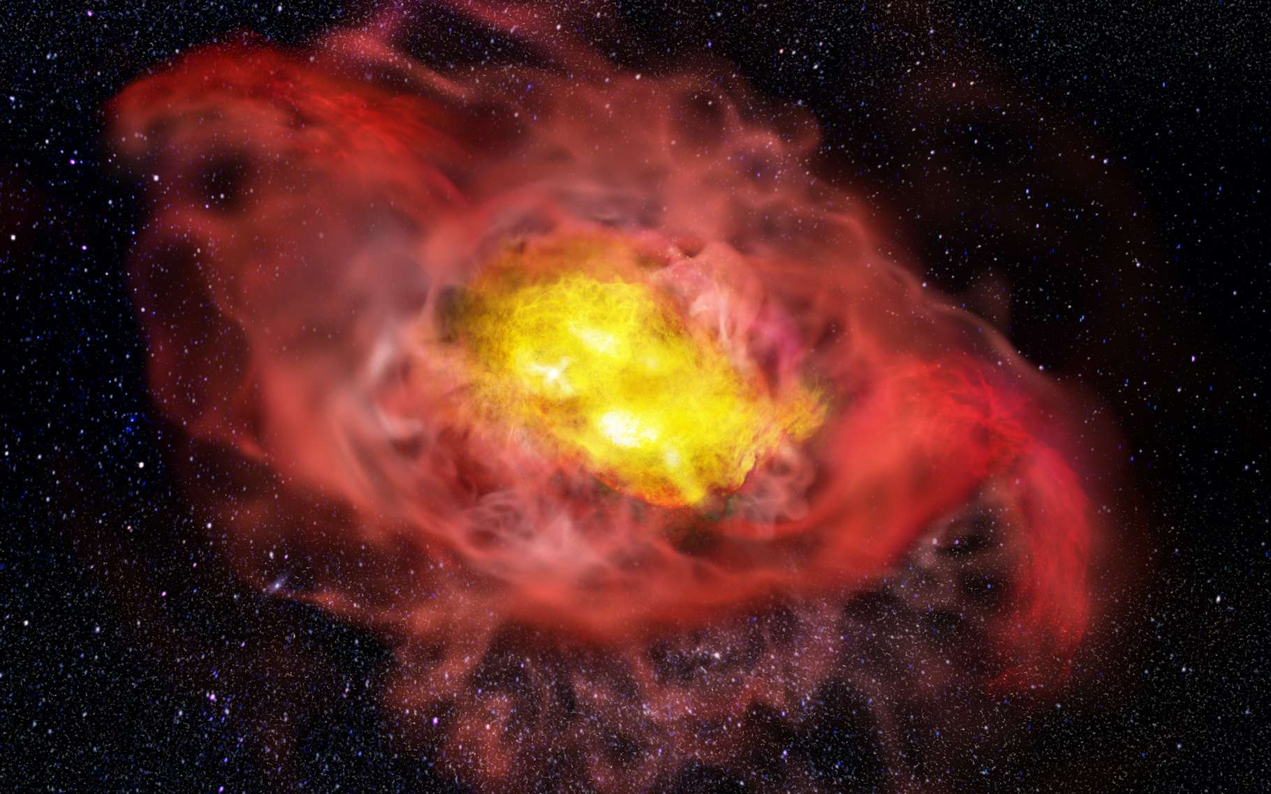 La galaxie A1689-zD1, ici en vue d’artiste, se révèle plus grande et plus complexe que les astronomes l’avaient pensé. Un halo de carbone froid, par exemple – ici en rose –, s’étend bien au-delà de son cœur. © Alma (ESO/NAOJ/NRAO), B. Saxton (NRAO/AUI/NSF)