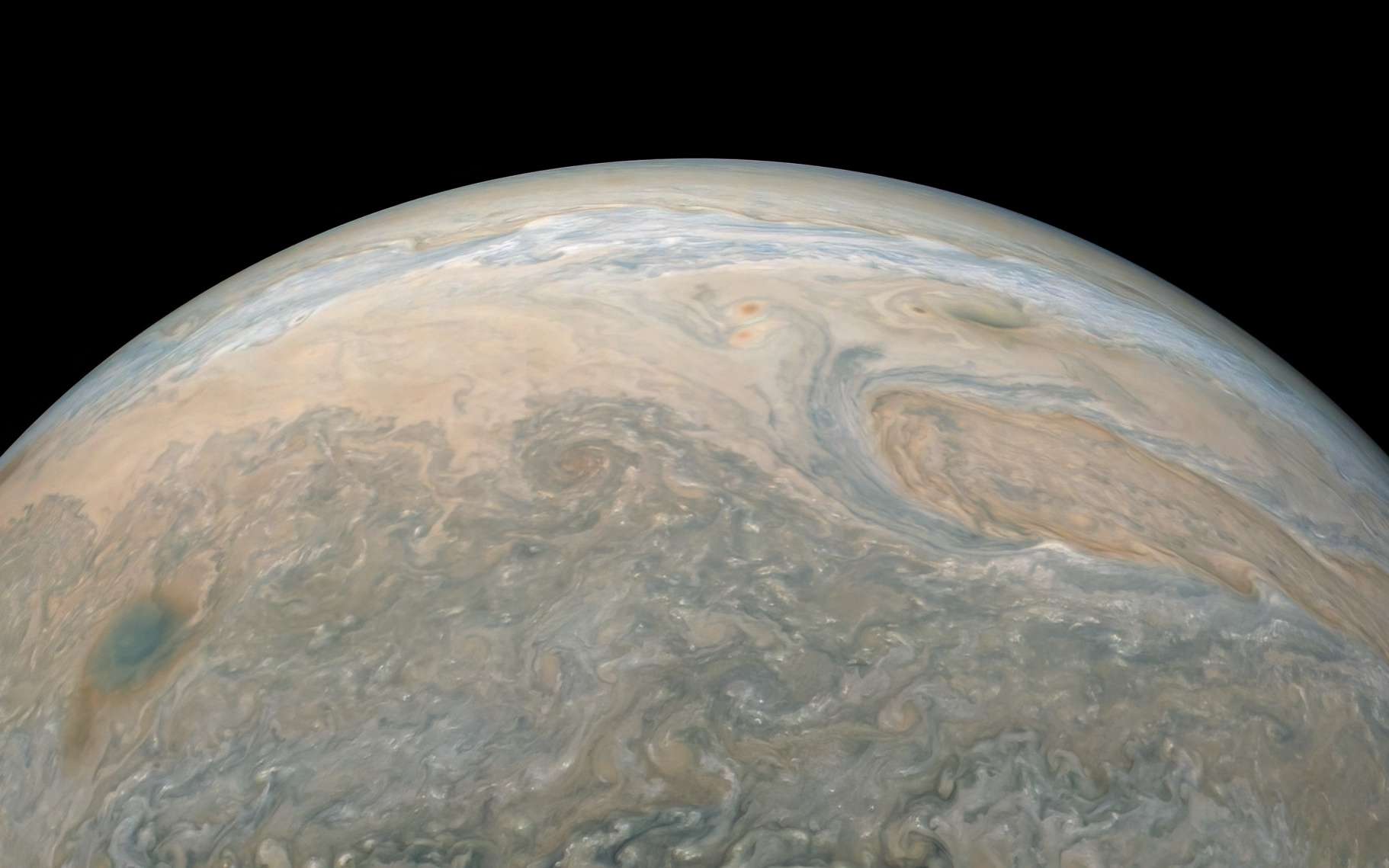 Une vue de Jupiter prise par la sonde spatiale Juno et retravaillé par Kevin M.Gill. © Nasa, JPL-Caltech, SwRI, MSSS, Kevin M. Gill