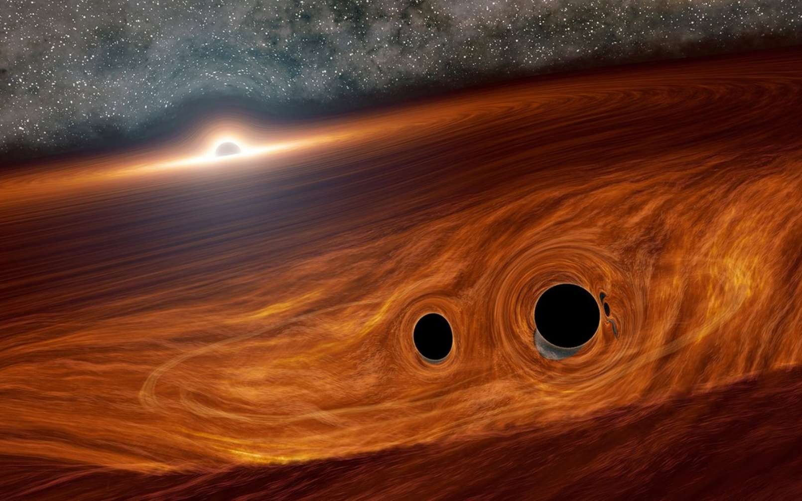 Sur cette image d'artiste, on voit un trou noir binaire traverser le disque d'accrétion d'un trou noir supermassif. © Caltech, R. Hurt (IPAC).