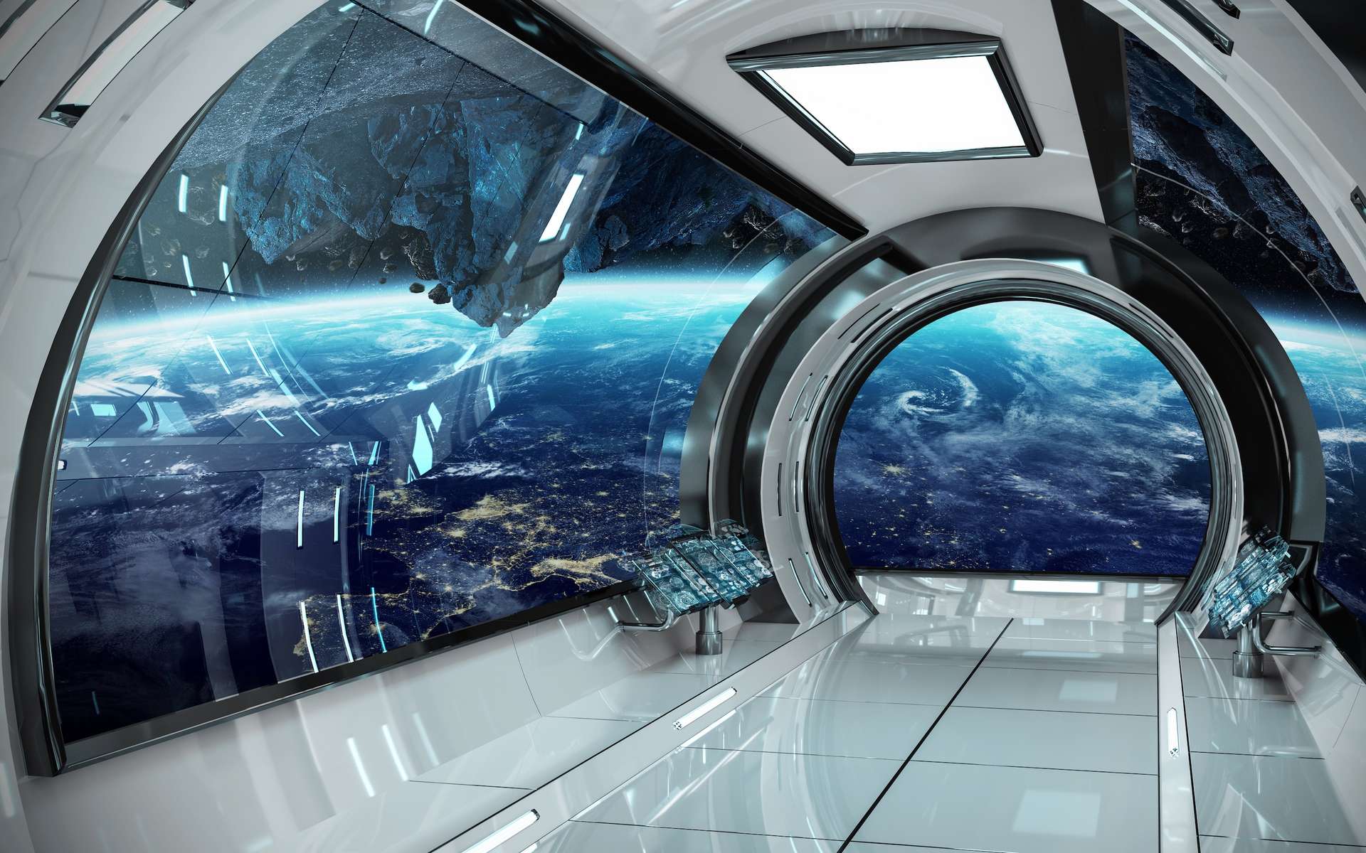Illustration de l'intérieur d'un complexe orbital avec vue sur la Terre. © sdecoret, Adobe Stock