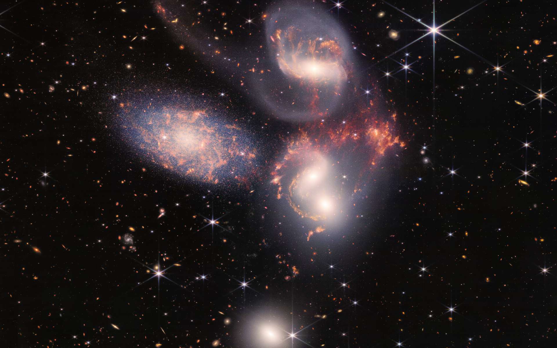 Le Quintette de Stephan en infrarouge vu par le télescope James-Webb, ici avec une image en fausses couleurs. © NASA, ESA, CSA, and STScI