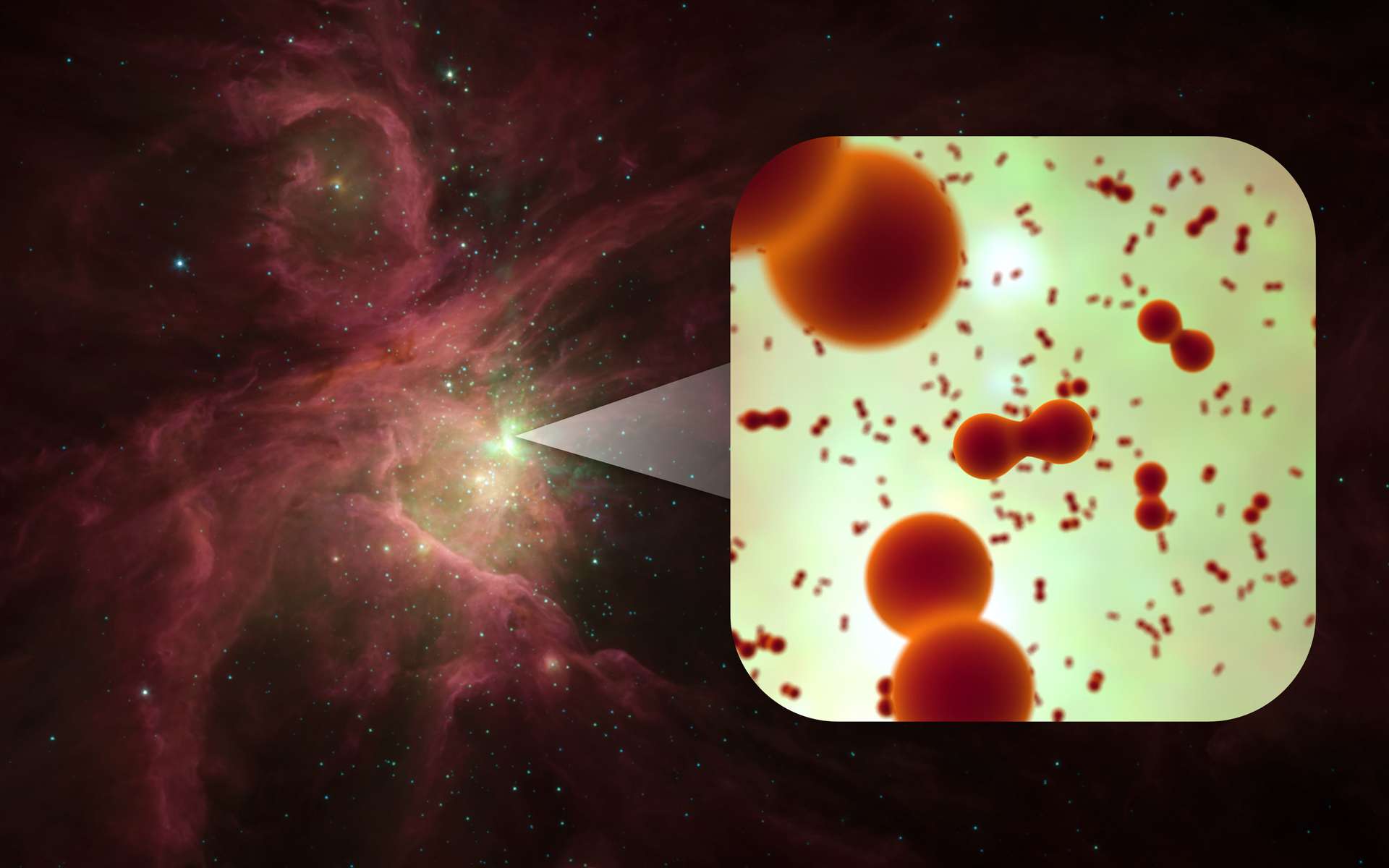 Cette image, avec un schéma montrant des molécules d'oxygène en rouge, illustre la découverte de l'oxygène moléculaire dans des régions de formations d'étoiles de la nébuleuse d'Orion. © Esa/Nasa/JPL-Caltech