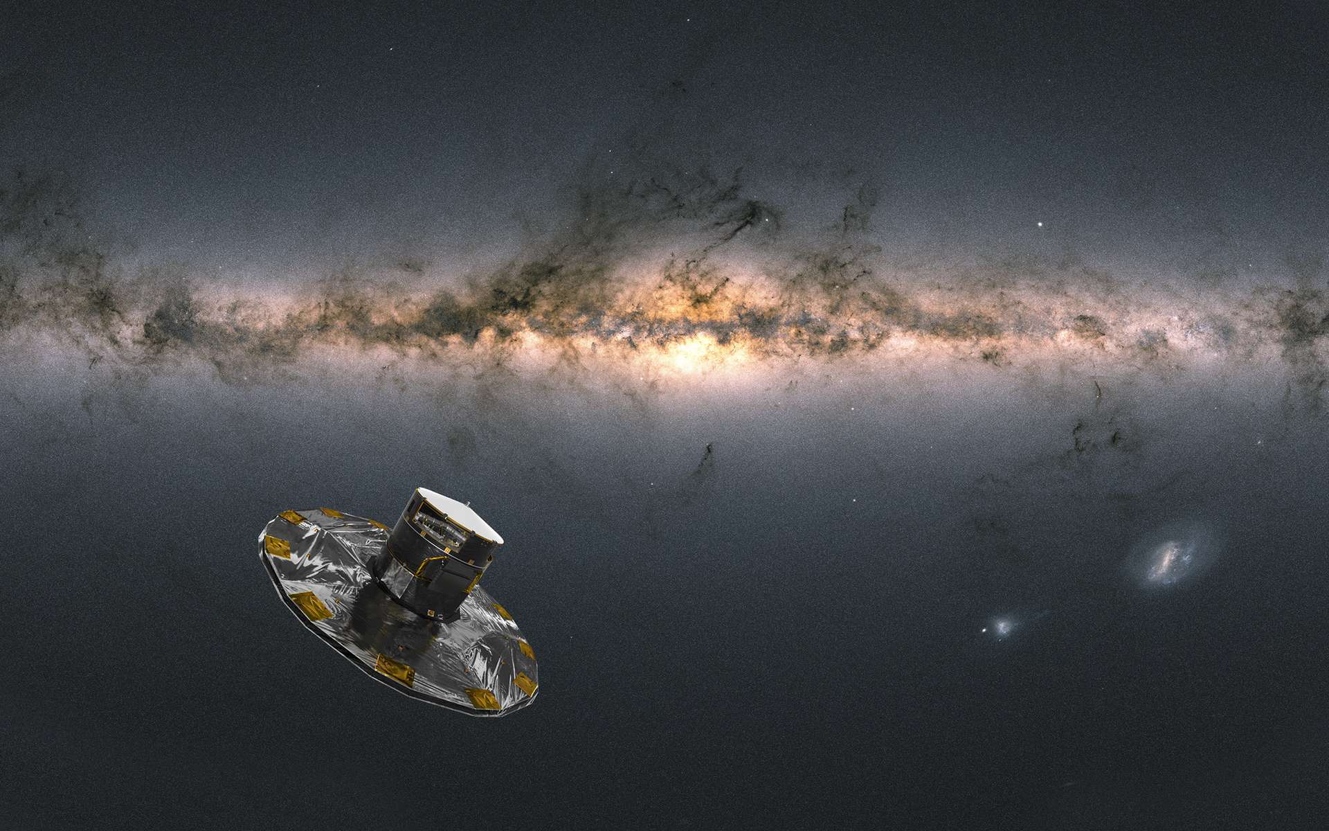Le satellite Gaia observant et mesurant les objets de la Voie lactée. À droite, les galaxies du petit et grand nuage de Magellan. © satellite : ESA/ATG medialab & Voie lactée : ESA/Gaia/DPAC ; CC BY-SA 3.0 IGO. Acknowledgement: A. Moitinho.