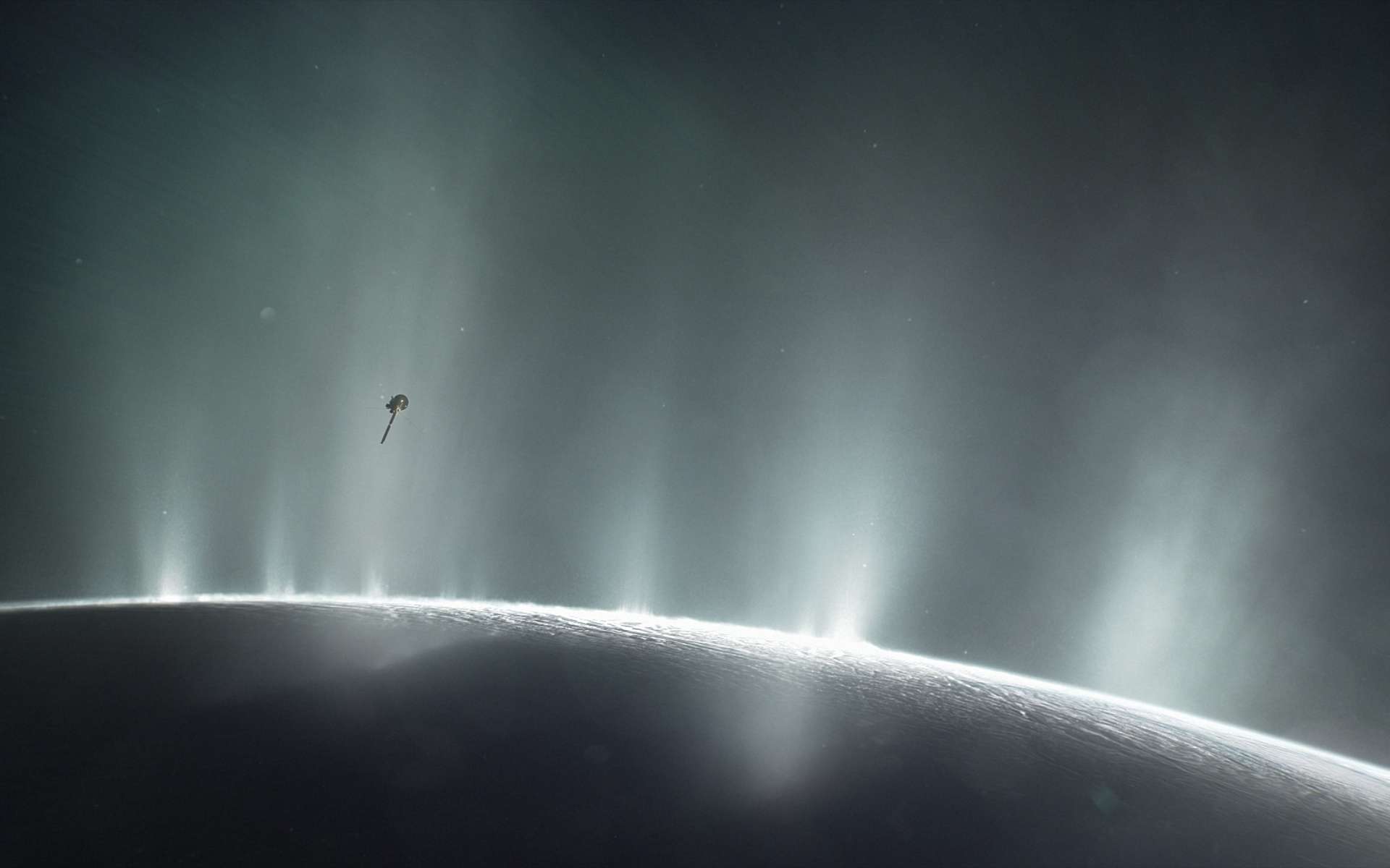 Une mission privée vers Encelade est à l'étude. Illustration de Cassini volant à travers les panaches du pôle sud d’Encelade. © Nasa, JPL-Caltech
