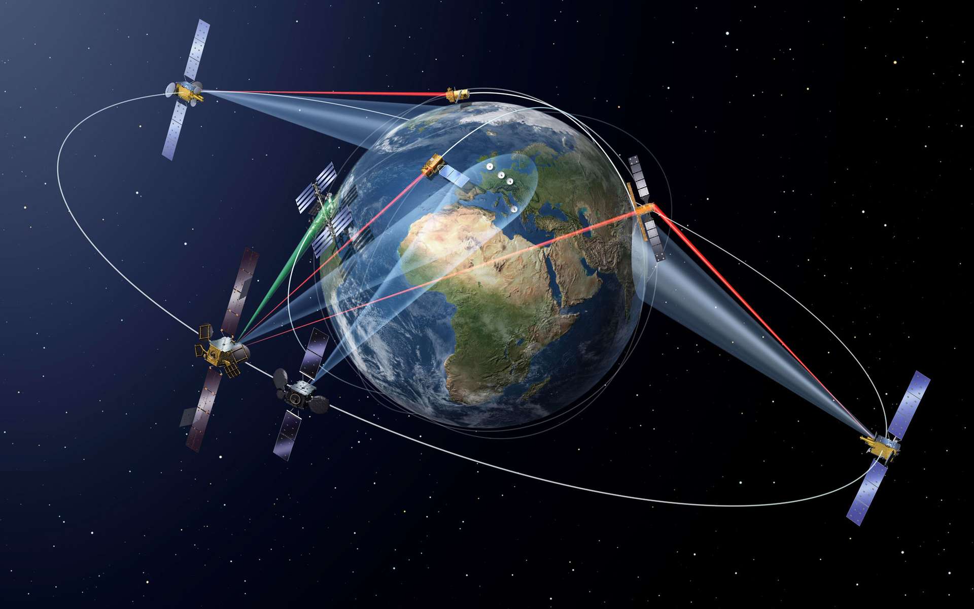 L'autoroute spatiale de la donnée, ou SpaceDataHighway, fonctionnera de la manière suivante : un terminal laser en orbite géostationnaire sera utilisé pour relayer vers la terre ferme des données acquises par un satellite en orbite basse. © Esa