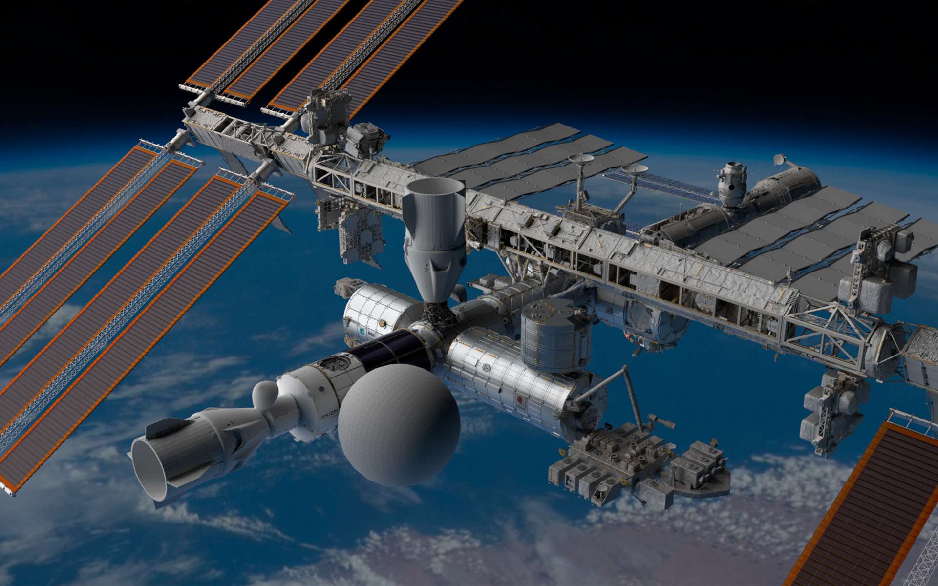 Au premier plan, le segment Axiom de la Station spatiale internationale avec le module gonflable SEE-1 (la grosse boule) qui fera office de lieu de divertissement. Le segment Axoim pourrait compter jusqu'à 6 modules et une coupole d'observation de la Terre. Les deux premiers modules de ce segment, le nœud de jonction Node 1 (AxN1) et le module d'habitation (AxH), seront réalisés par Thales Alenia Space. © Space Entertainment Enterprise