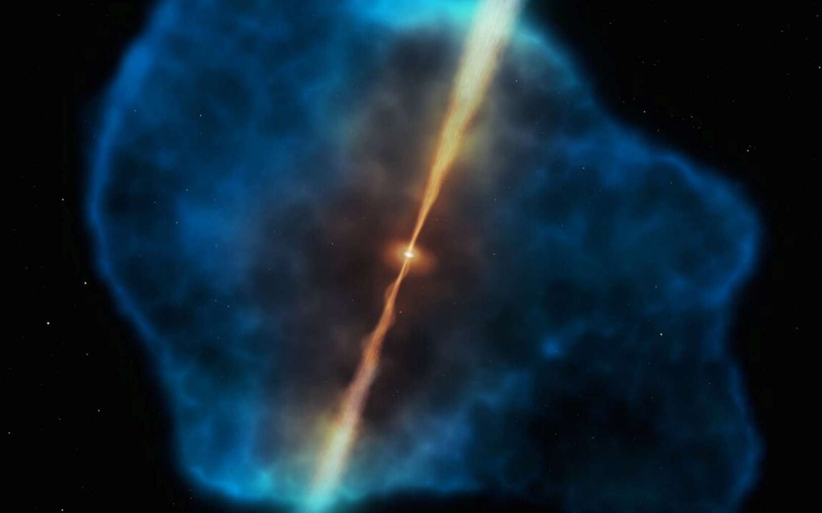 Sur cette image figure un halo de gaz entourant un quasar au tout début de l’Univers. Le quasar, en orange, émet deux puissants jets et abrite un trou noir supermassif en son centre, entouré d’un disque de gaz poussiéreux. Le halo de gaz d’hydrogène est représenté en bleu. © ESO, M. Kornmesser