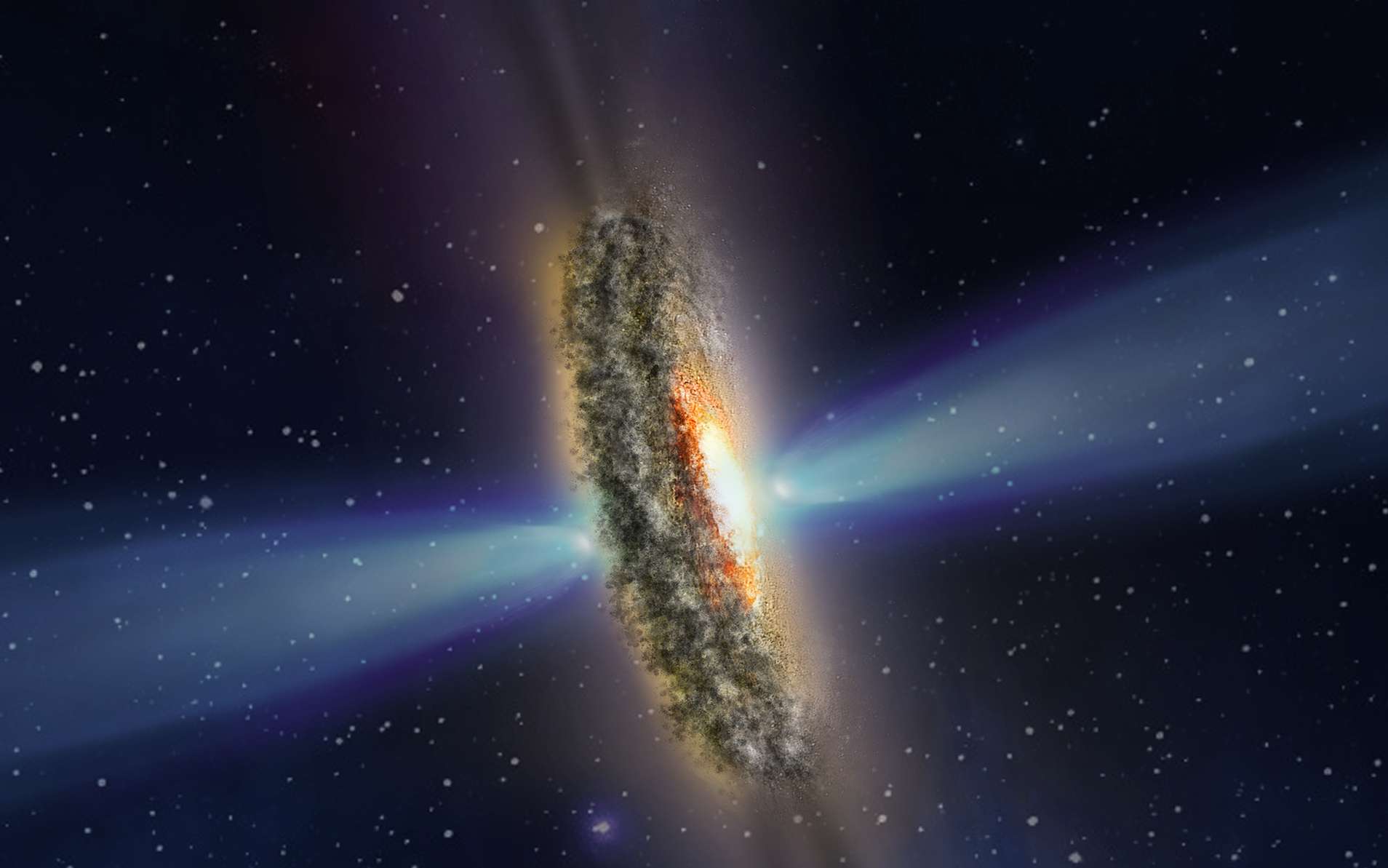 Cette illustration représente un disque poussiéreux entourant un trou noir caché à l'intérieur du disque, entouré de gaz surchauffé — la source du noyau brillant. Le disque est perpendiculaire à de puissants jets de plasma à grande vitesse. © Nasa, ESA, STScI and Z. Levy (STScI)