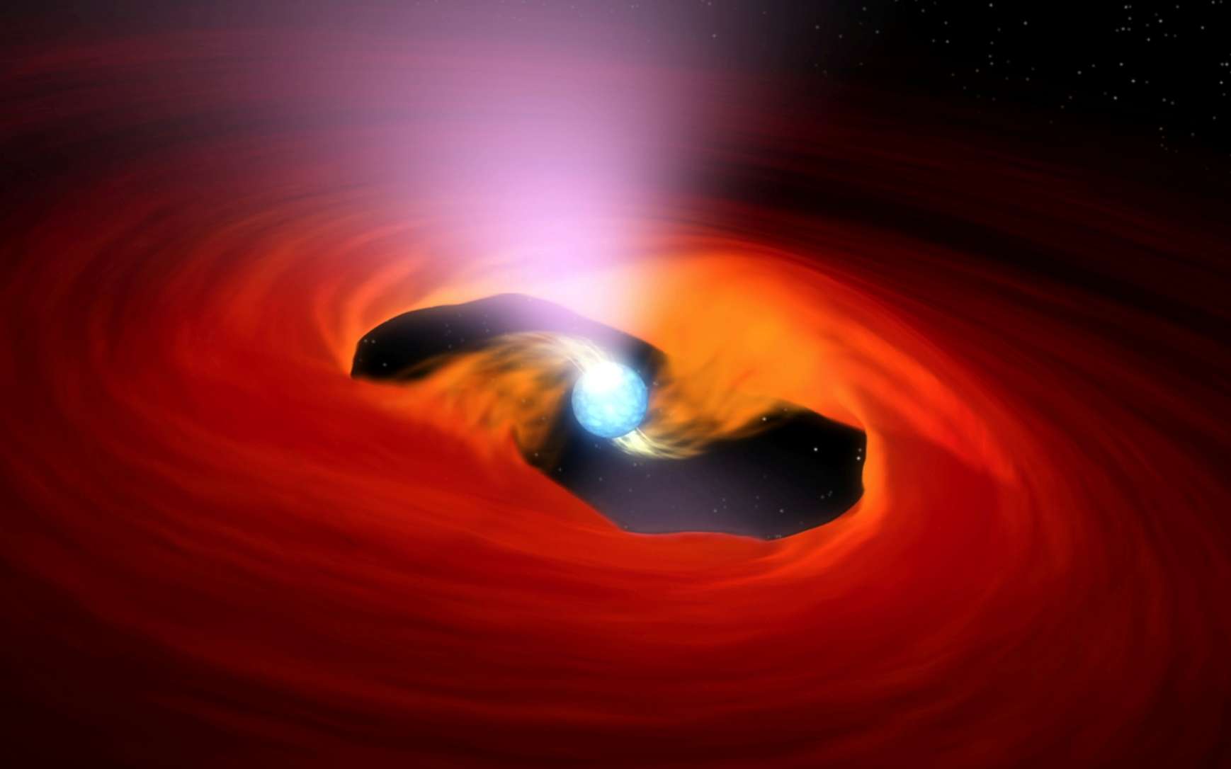 Une vue d'artiste d'une étoile à neutrons accrétant de la matière et émettant des rayons X. © Nasa