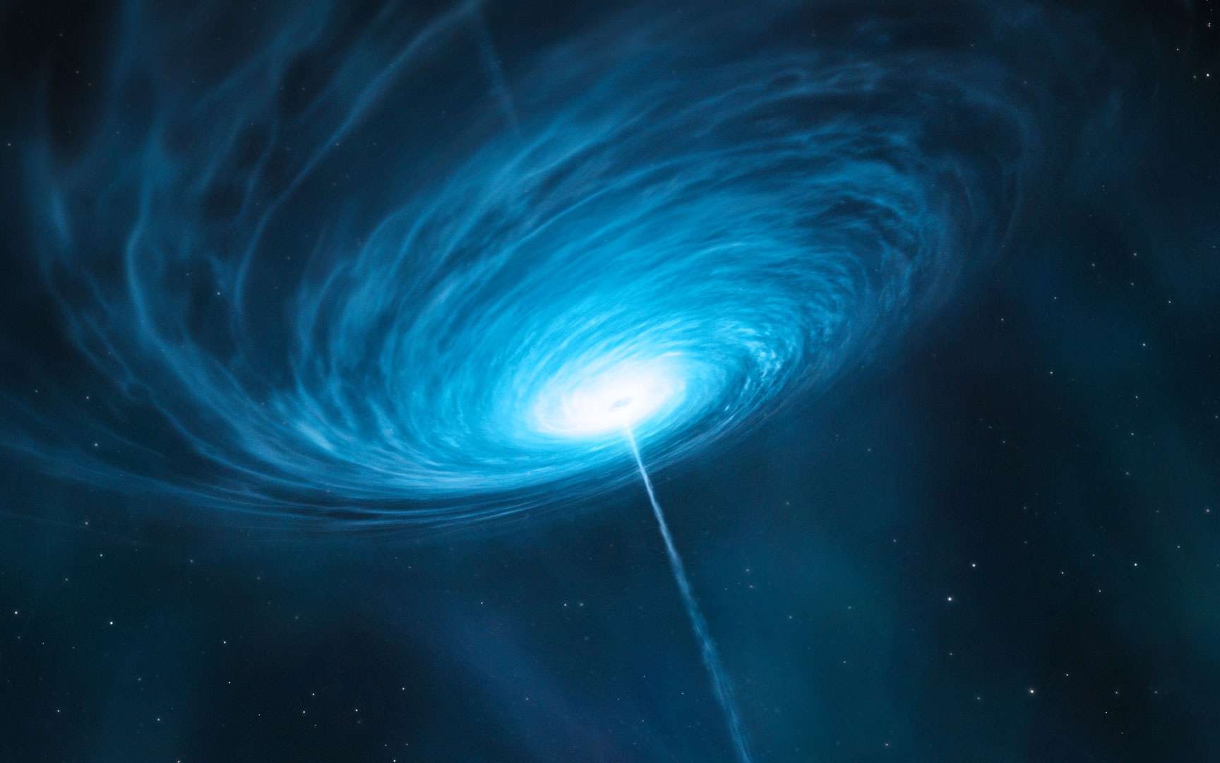 Croix d'Einstein. Objet 2237 0305. L'image d'un quasar lointain est multipliée par le champ gravitationnel d'un objet massif qui se trouve juste entre ce quasar et nous. La lumière provenant des quatre images entourant le point central a été émise par le même objet !