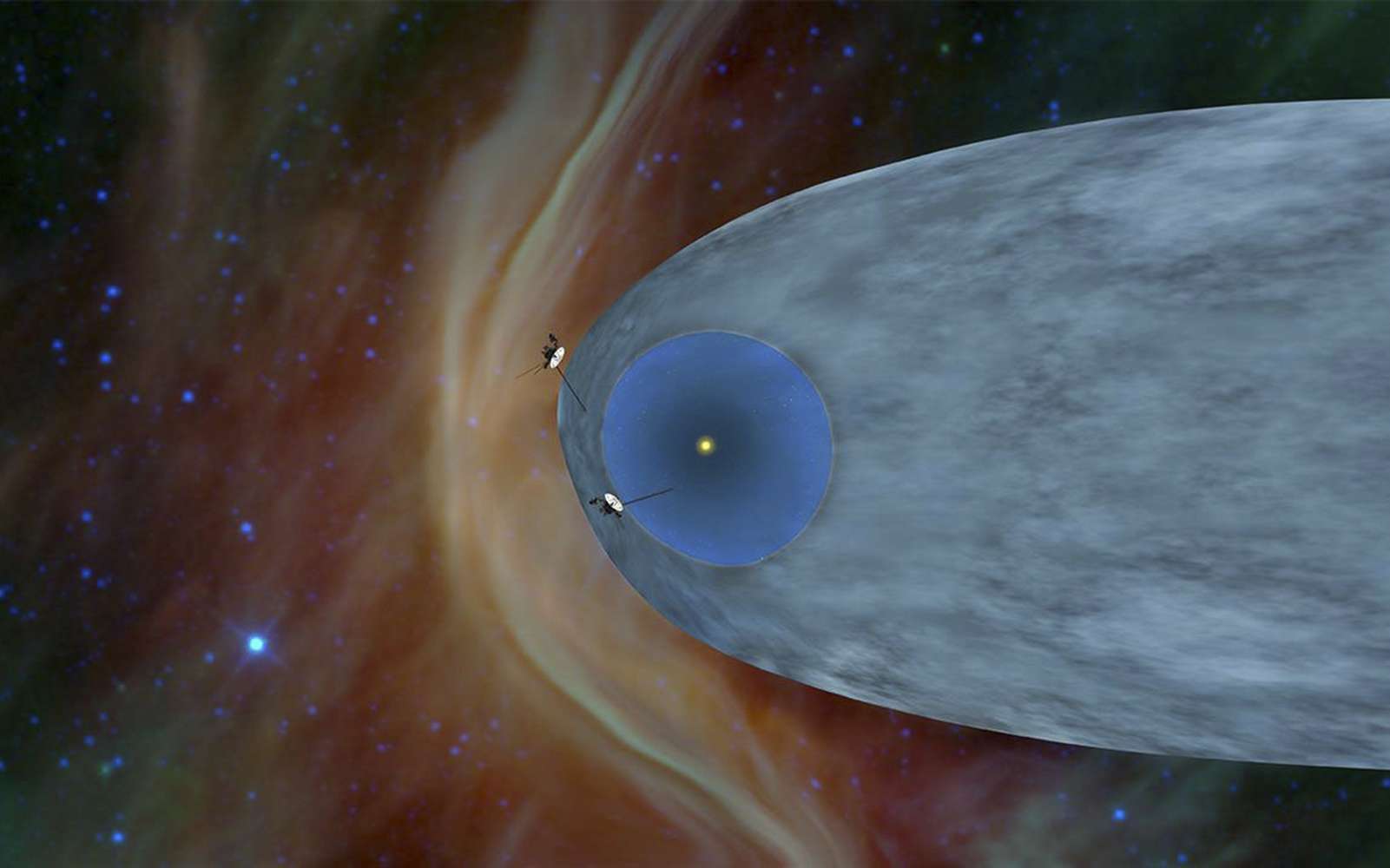 Sur cette vue d’artiste, les localisations des deux sondes avant que Voyager 2 ne quitte l’héliosphère. En haut, Voyager 1 est entré dans l’espace interstellaire du côté du front de l’héliosphère. Voyager 2, comme pressenti sur cette illustration, a finalement quitté l’héliosphère plus par son flanc. © Nasa, JPL-Caltech