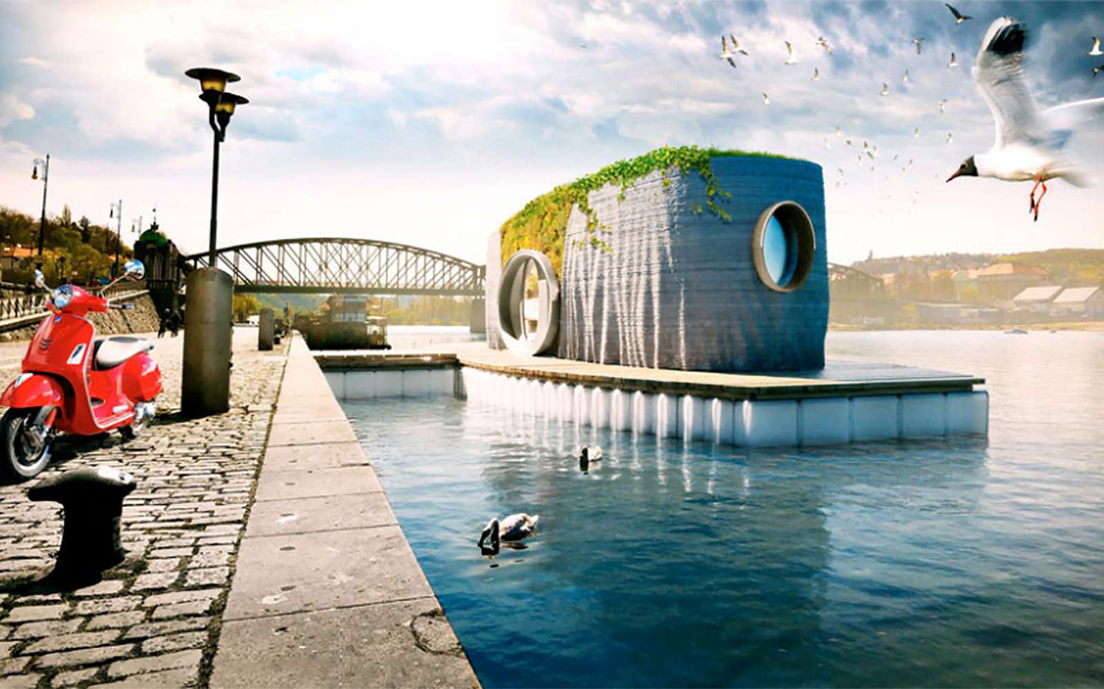 Le prototype de la maison flottante, imprimée en 3D, sera exposée, cet été, à Prague sur la rivière Vltava. © Michal Trpak, studio Scoolpt