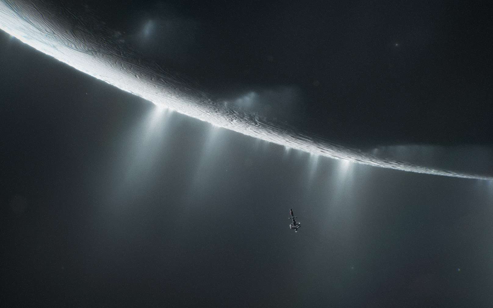 Illustration d’un vaisseau approchant Encelade, lune de Saturne. © Nasa, Erik Wernquist