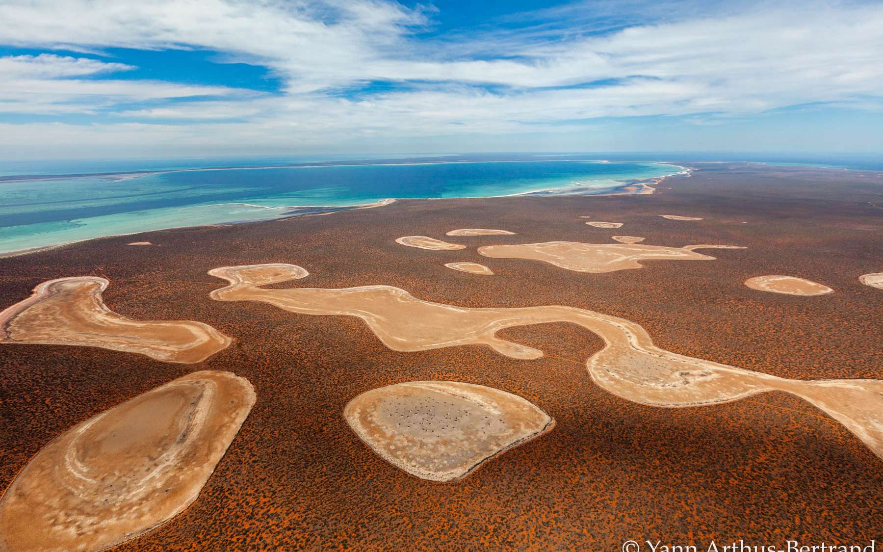 La péninsule de Péron est une maigre bande de terre située dans la baie Shark, à l'ouest de l'Australie. Elle est parsemée de petits lacs salins appelés « birridas » qui s'évaporent à l'arrivée des beaux jours. Sur cette vue aérienne, on peut voir les creux laissés par la disparition de l'eau.© Yann Arthus-Bertrand, tous droits réservés