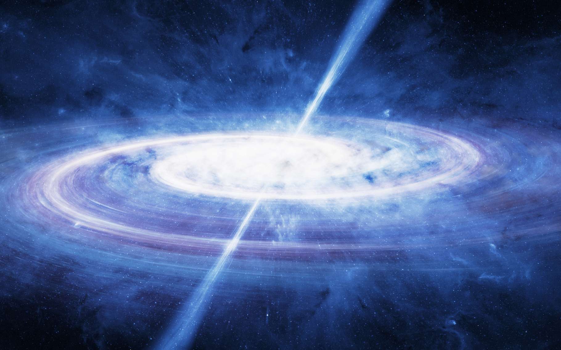 Des mesures réalisées sur des quasars (ici, en vue d’artiste) semblent montrer que la constante de structure fine est bien constante, dans le temps et dans l’espace. © Igor Zh, Shutterstock