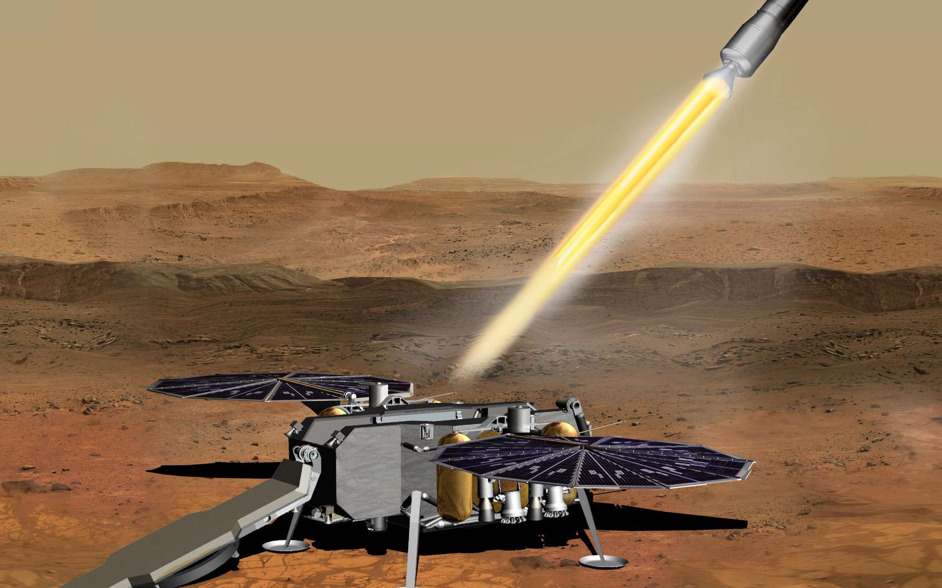 La fusée Mars Ascent Vehicle décolle du sol martien pour rejoindre l'orbite basse. © Nasa, JPL-Caltech