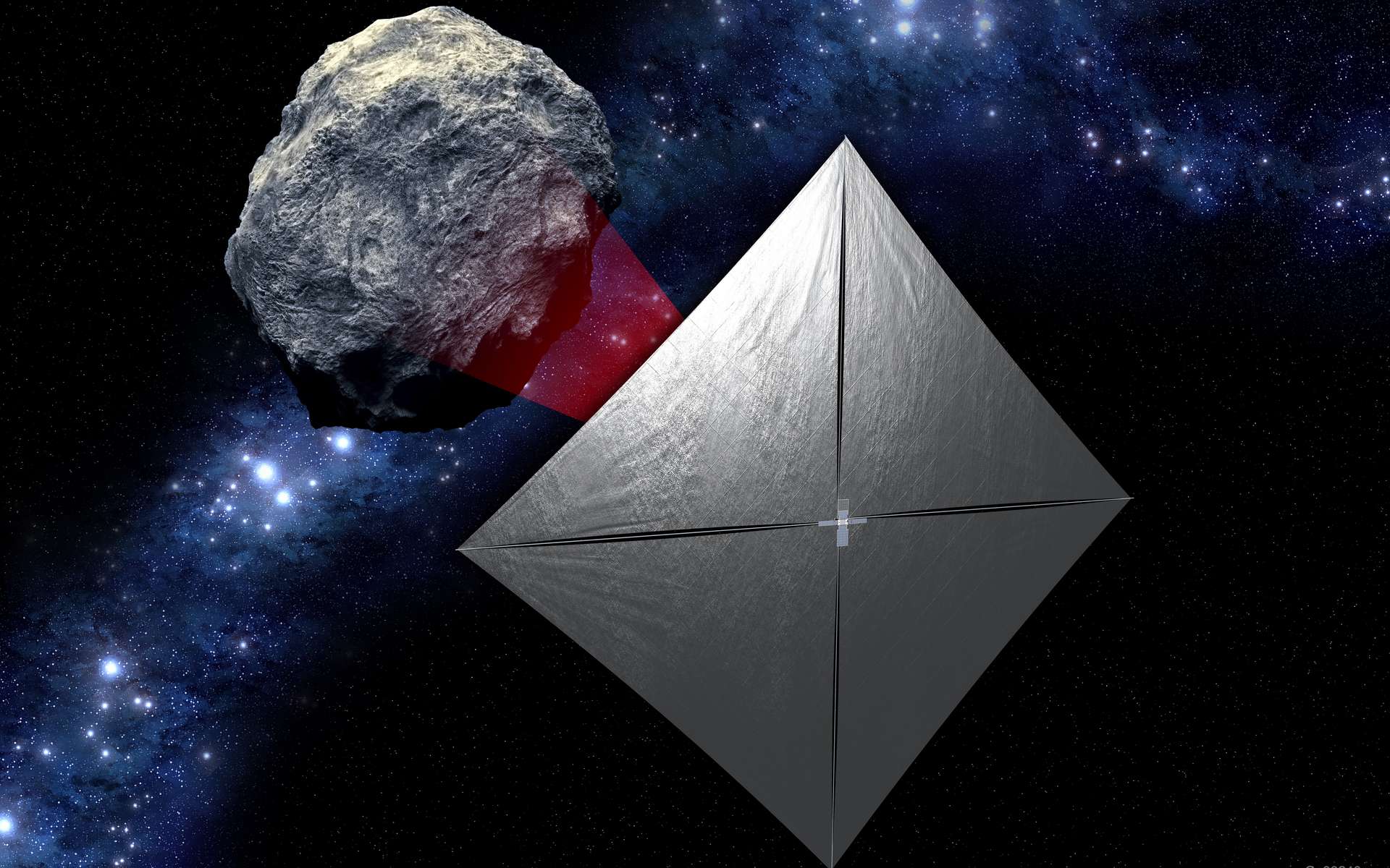 Représentation de la sonde NEA Scout, à proximité d'un astéroïde. © Nasa, JPL-Caltech