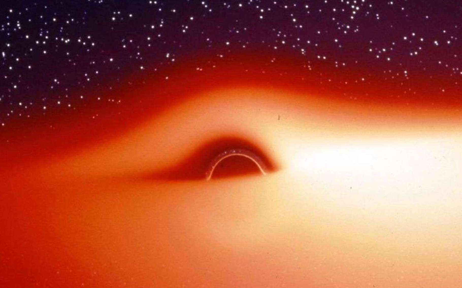 Le champ de gravitation d'un trou noir entouré d'un disque d'accrétion chaud et lumineux déforme fortement l'image de ce disque. Cette image, extraite d'une simulation, montre ce que verrait un observateur s'approchant de l'astre compact selon une direction légèrement inclinée au-dessus du disque d'accrétion. La partie du disque située derrière le trou noir semble tordue à 90° et devient visible. Jean-Pierre Luminet a fait la première simulation de ces images en 1979. © Jean-Pierre Luminet, Jean-Alain Marck