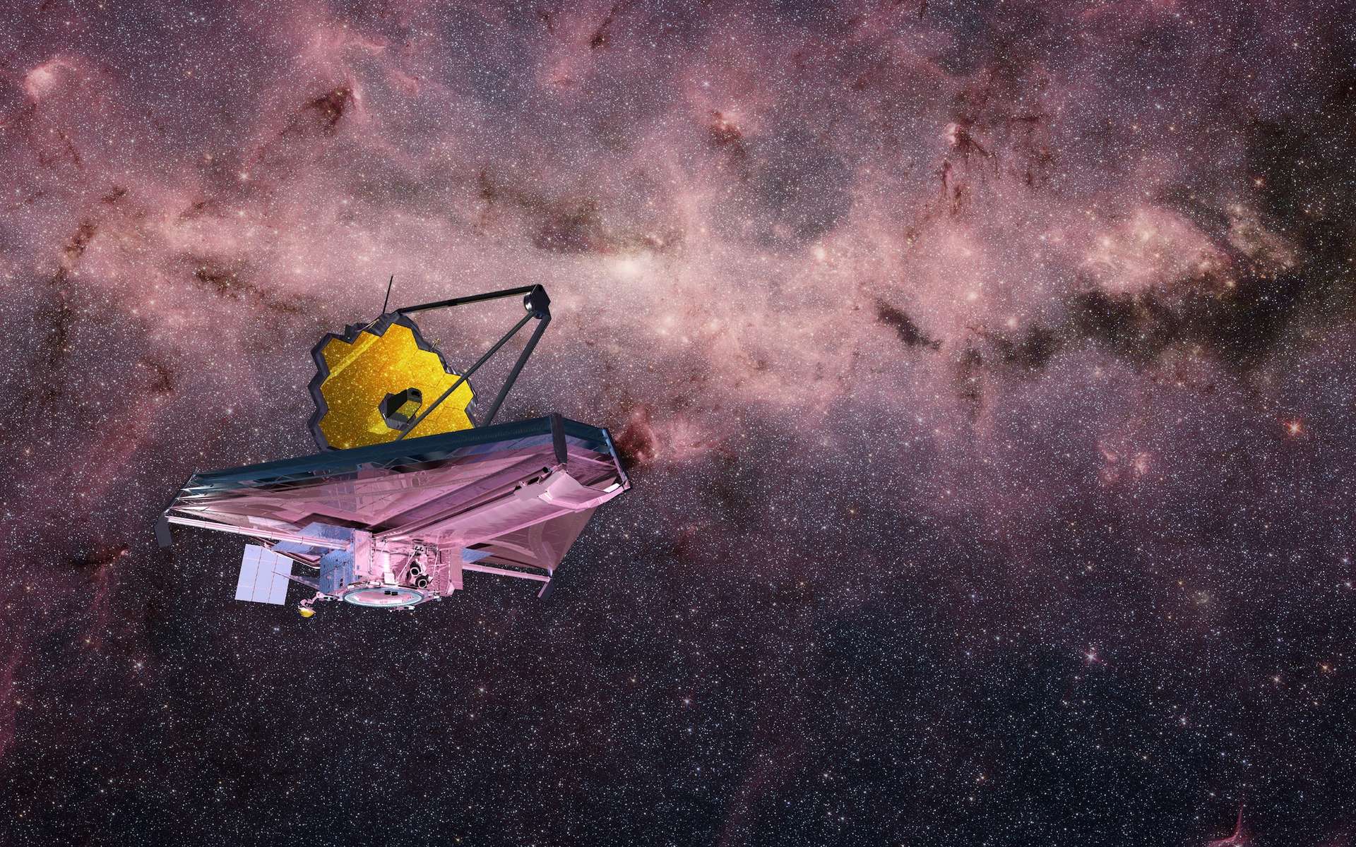 Illustration du télescope spatial James-Webb devant les nébulosités de la Voie lactée. © 24K-Production, Adobe Stock
