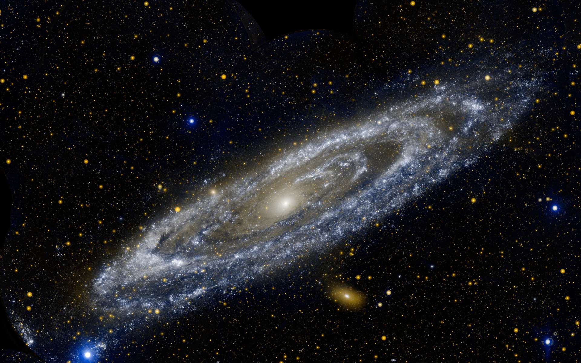 Une vue inhabituelle de la galaxie d'Andromède. M31 est ici prise en photo par Galaxy Evolution Explorer, un observatoire astronomique spatial destiné à l'observation de galaxies dans l'ultraviolet. © Nasa